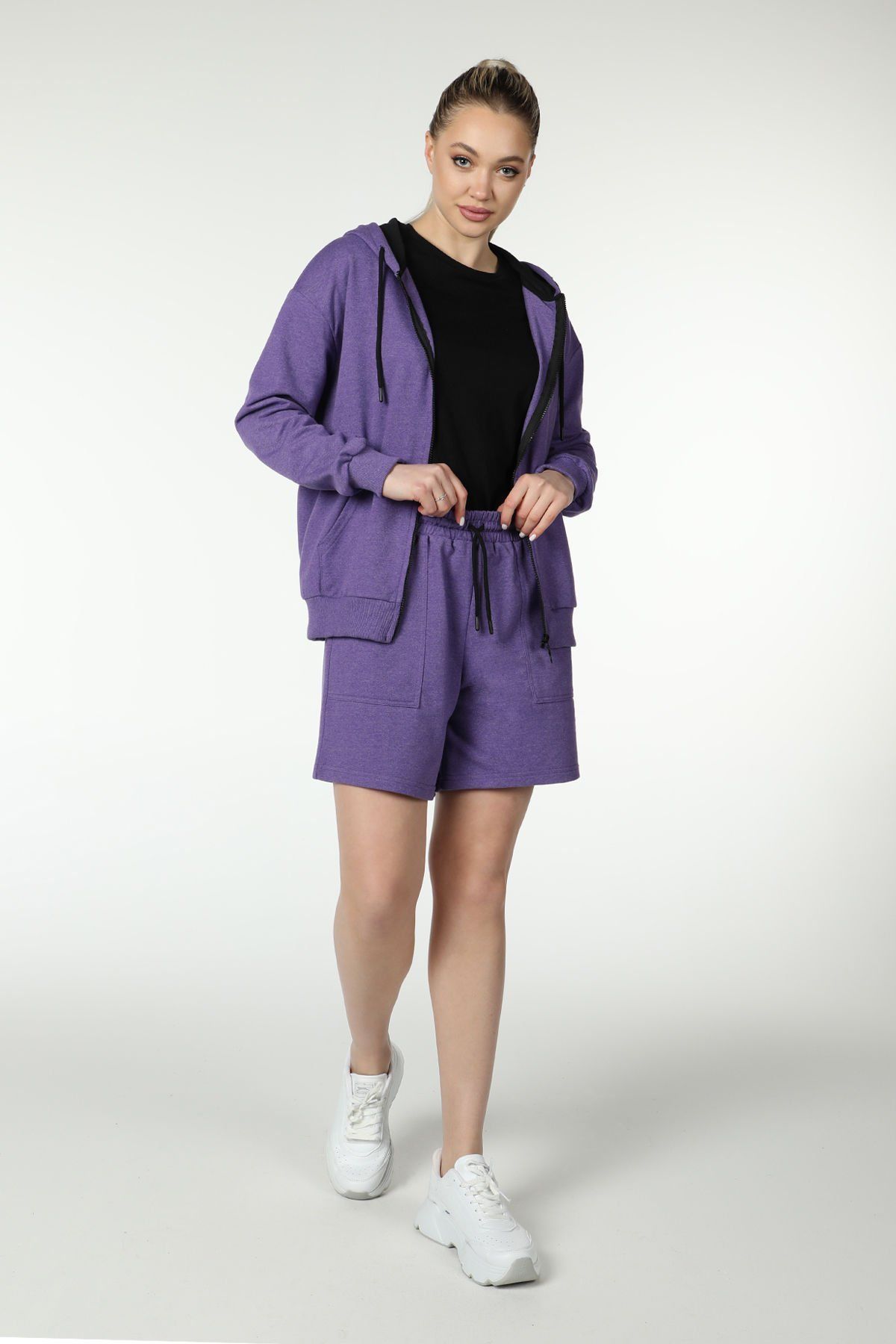 Kadın Kapüşonlu Fermuarlı Oversıze Sweatshırt - Mor