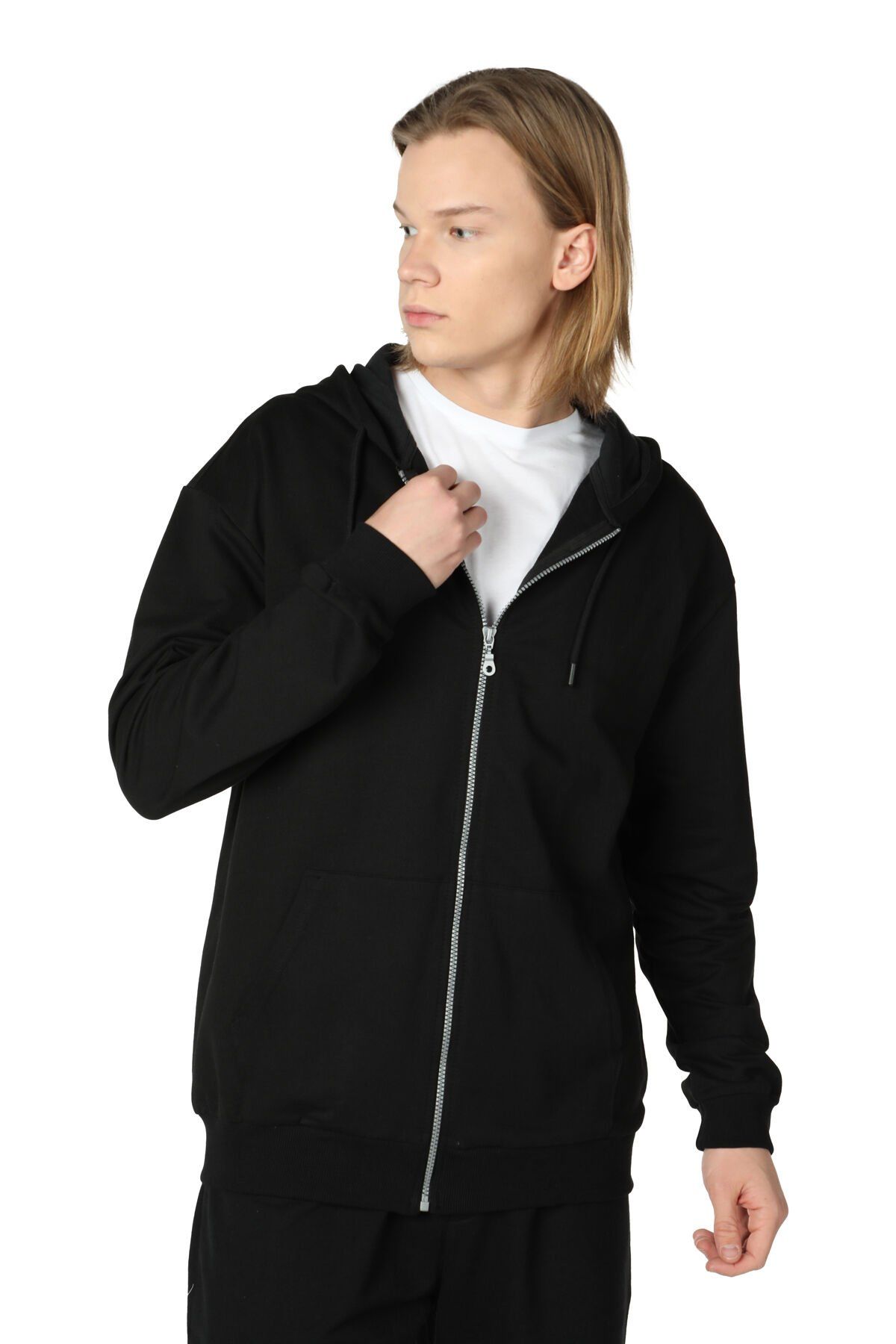 Erkek Kapüşonlu Fermuarlı Oversıze Sweatshırt - Siyah