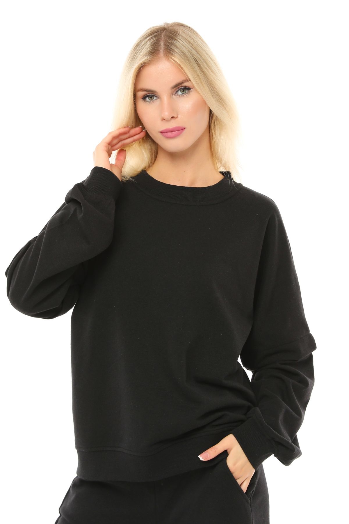 Kadın Bisiklet Yaka Kol Detaylı Oversize Fit Basic Sweatshirt - Siyah