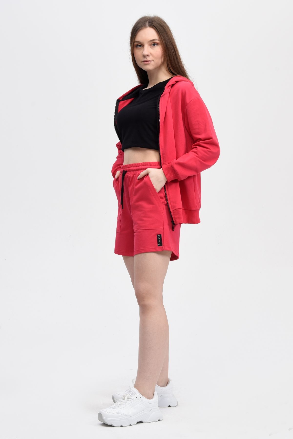 Kadın Kapüşonlu Fermuarlı Oversıze Sweatshırt - Fuşya