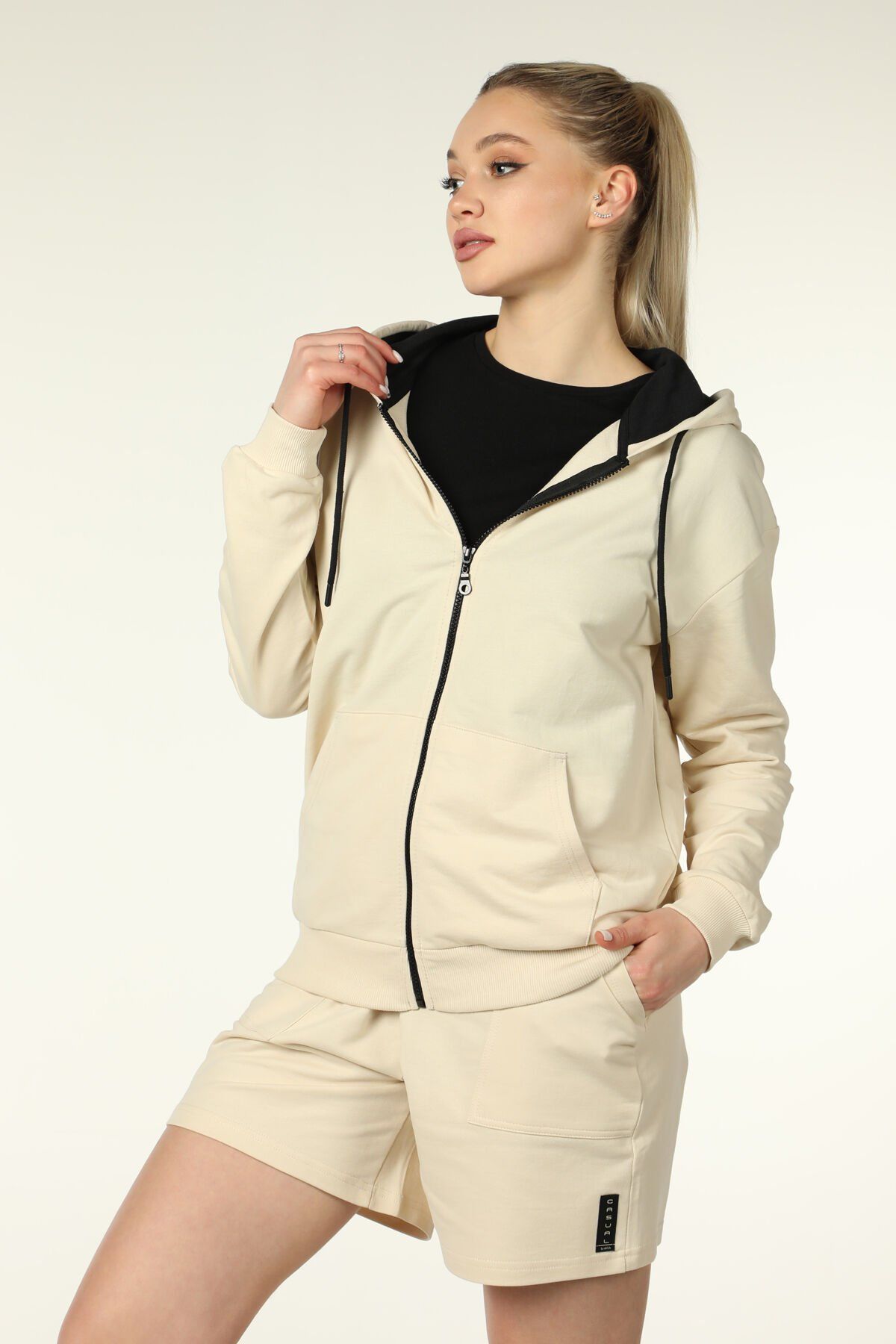 Kadın Kapüşonlu Fermuarlı Oversıze Sweatshırt - Bej Melanj