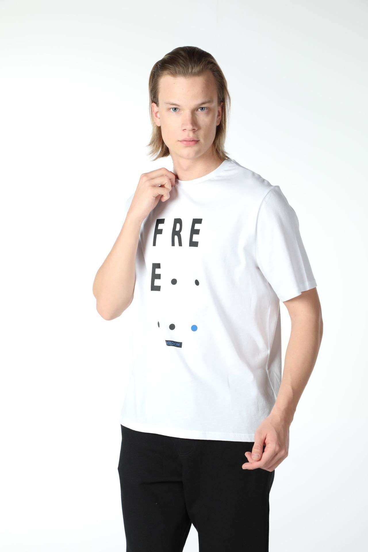 Erkek Bisiklet Yaka Kısa Kollu Regular Fit Baskılı Tişört - Beyaz