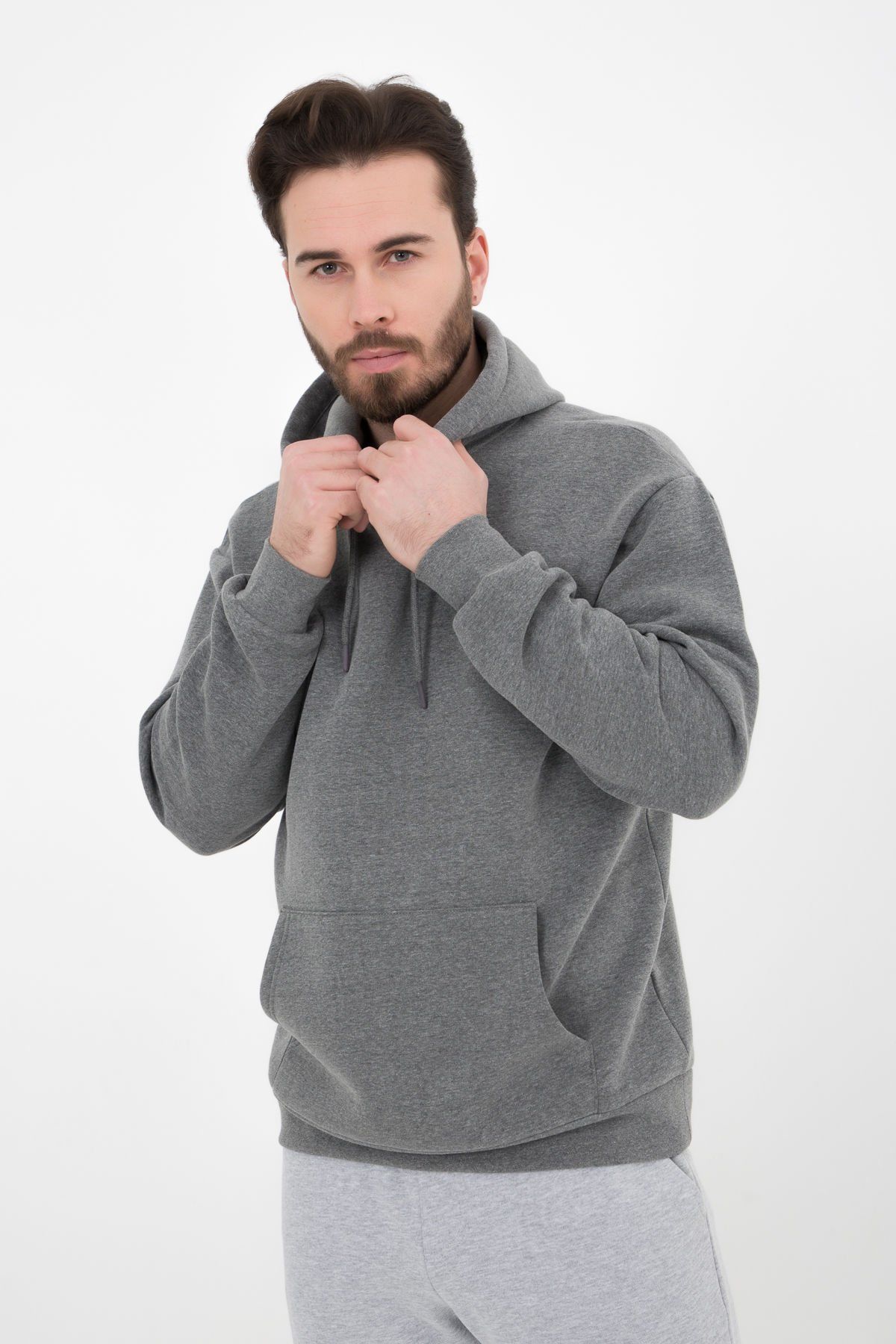 Erkek Kapüşonlu Şardonlu Regular fit Basic Sweatshirt - ANTRASİT
