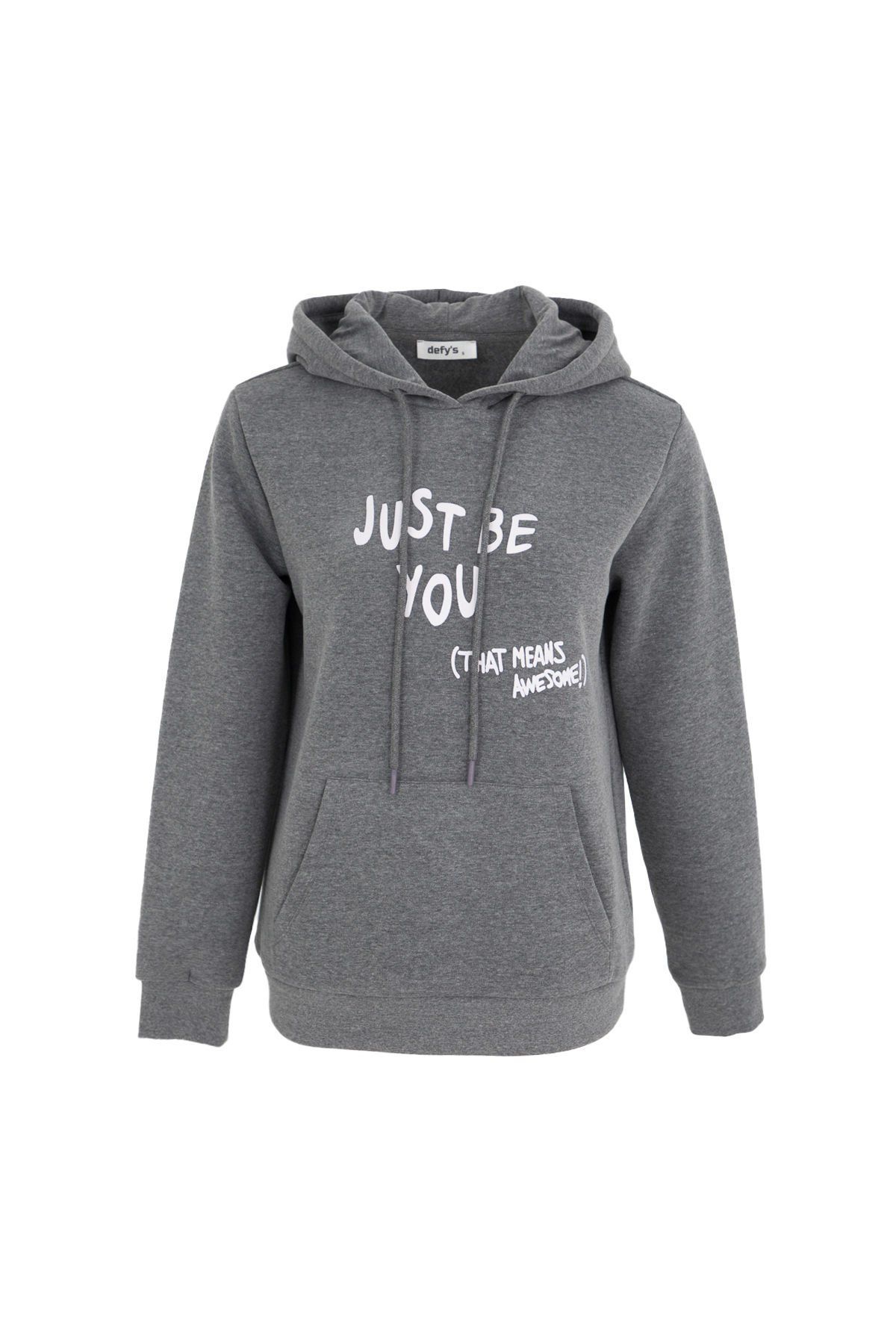 Kadın Kapüşonlu Regular Fit Şardonlu Baskılı Sweatshirt - Antrasit