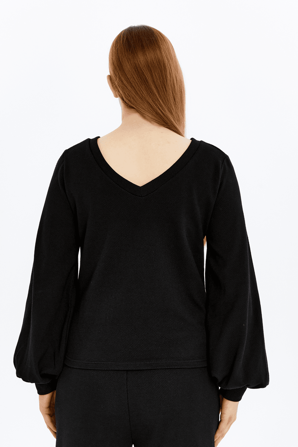 Kadın V Yaka Balon Kol Regular Fit Basic Bluz