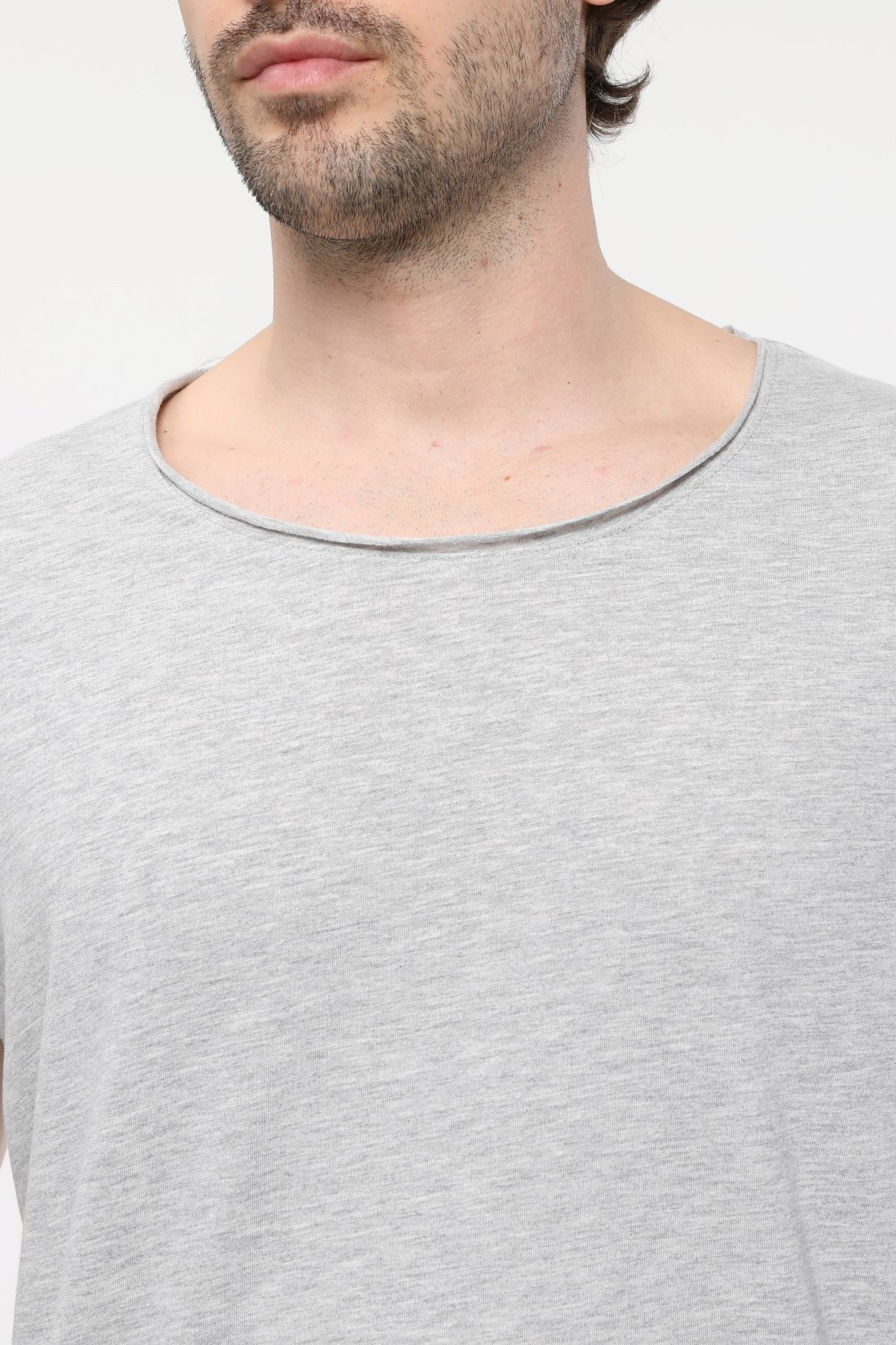 Erkek Kayık Yaka Kısa Kollu Regular Fit Basic Tişört - Gri Melanj