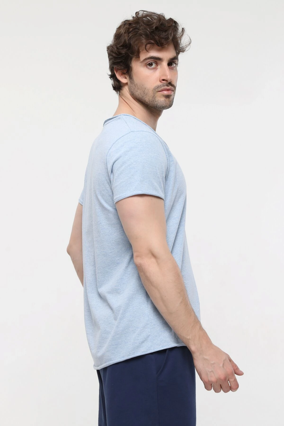 Erkek Kayık Yaka Kısa Kollu Regular Fit Basic Tişört - Mavi Melanj