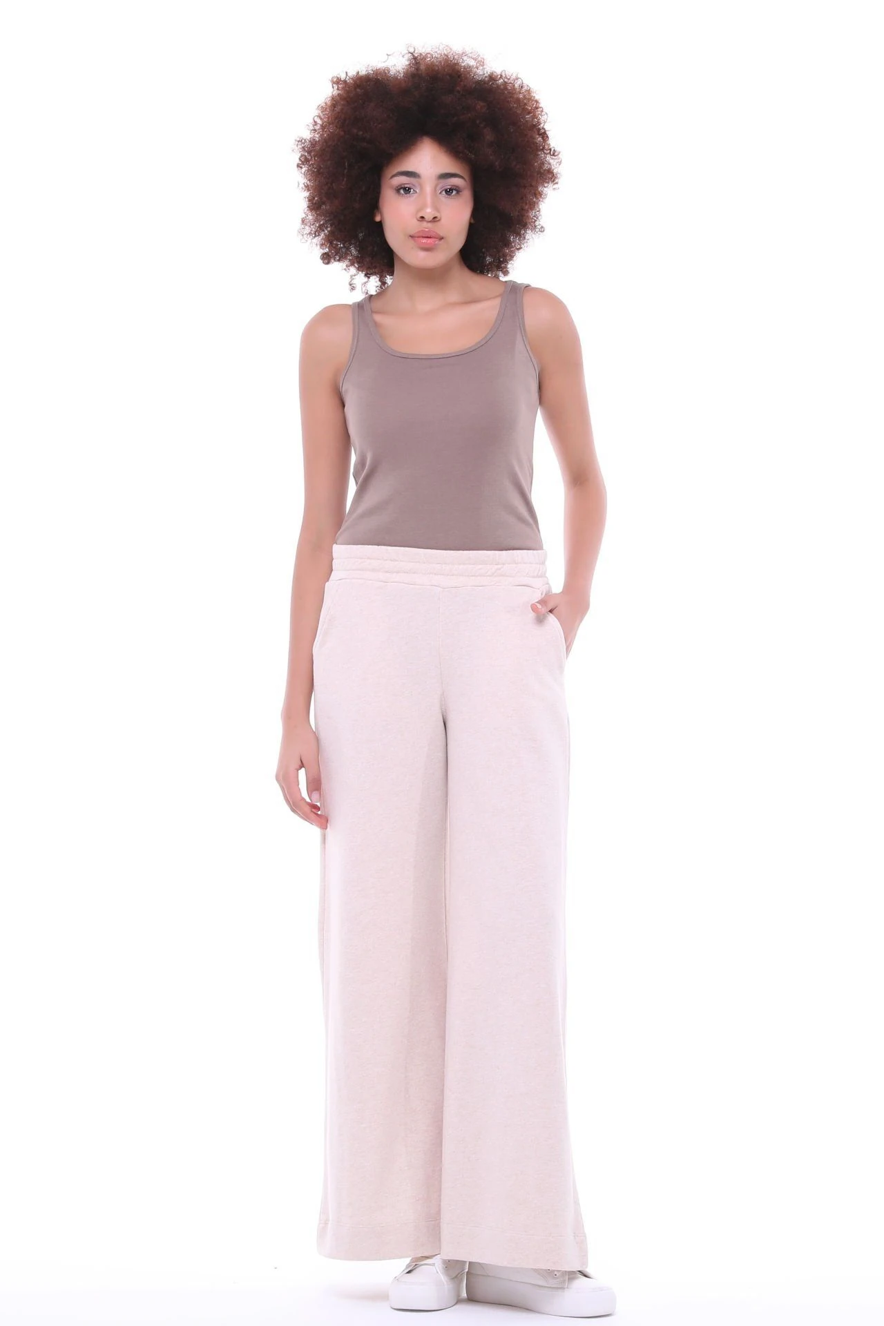 Kadın Bol Paça Cepli Oversize Fit Pantolon - Bej Melanj