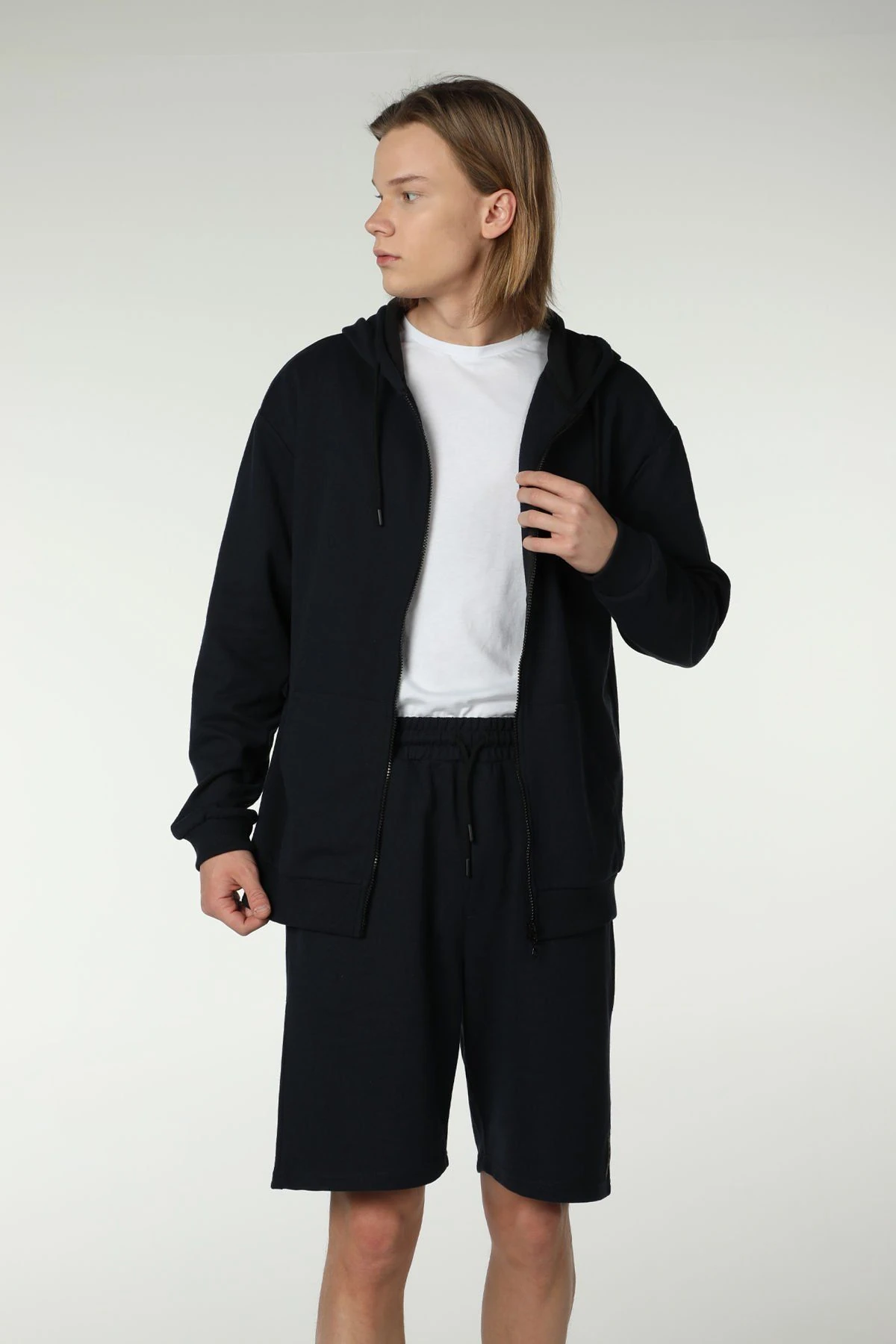 Erkek Kapüşonlu Fermuarlı Oversize Sweatshirt - Lacivert