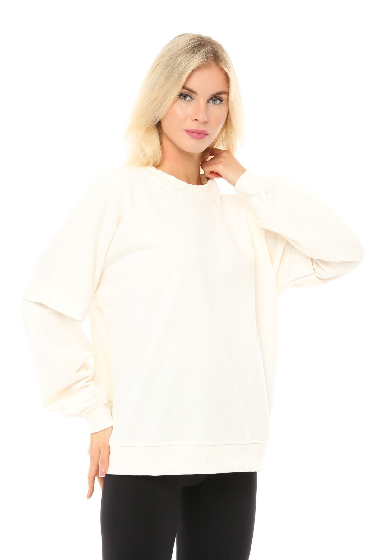 Kadın Oversize Sweat Kol Detaylı - EKRU