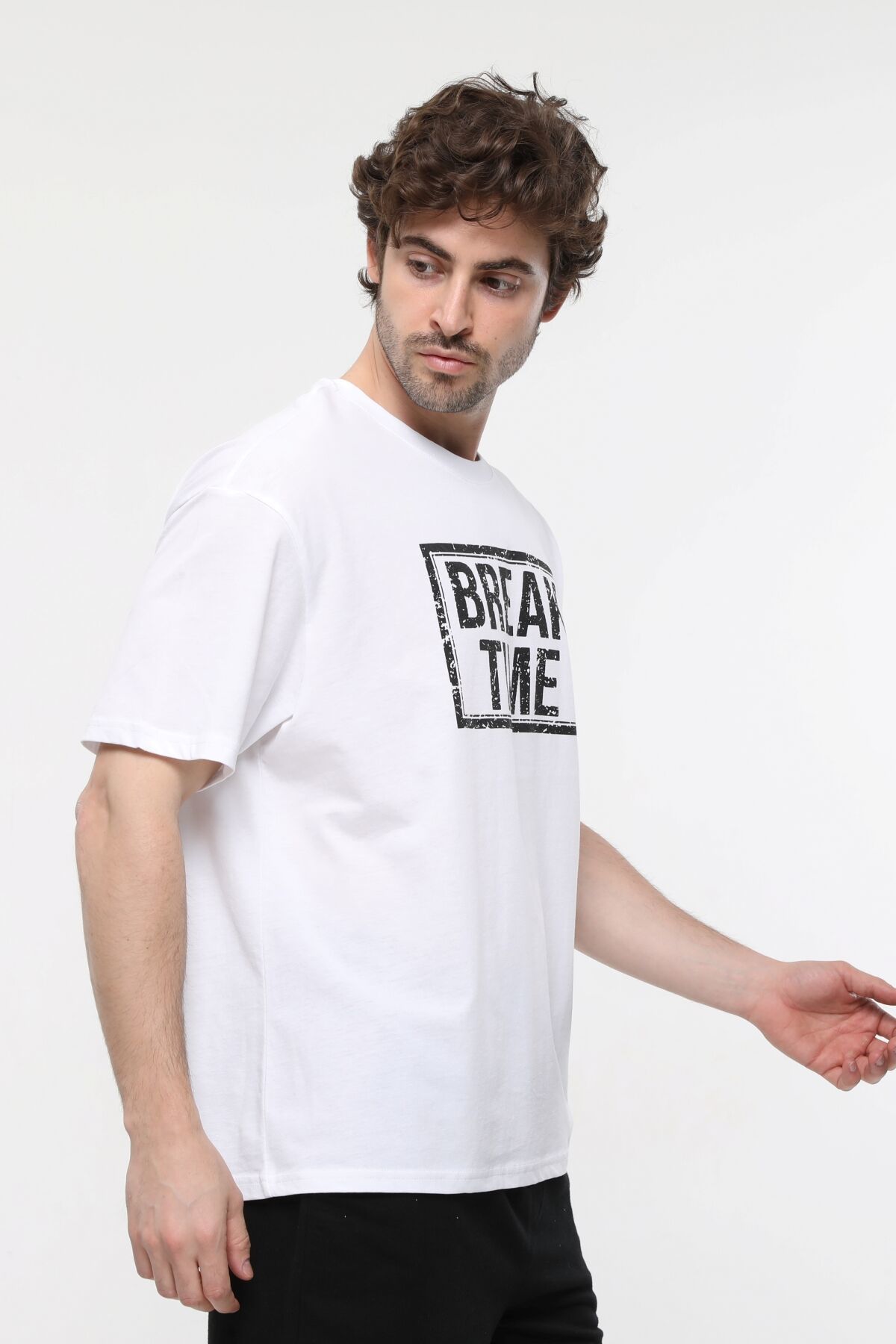 Erkek Bisiklet Yaka Kısa Kollu Oversize Fit Baskılı Tişört - Rent - Beyaz