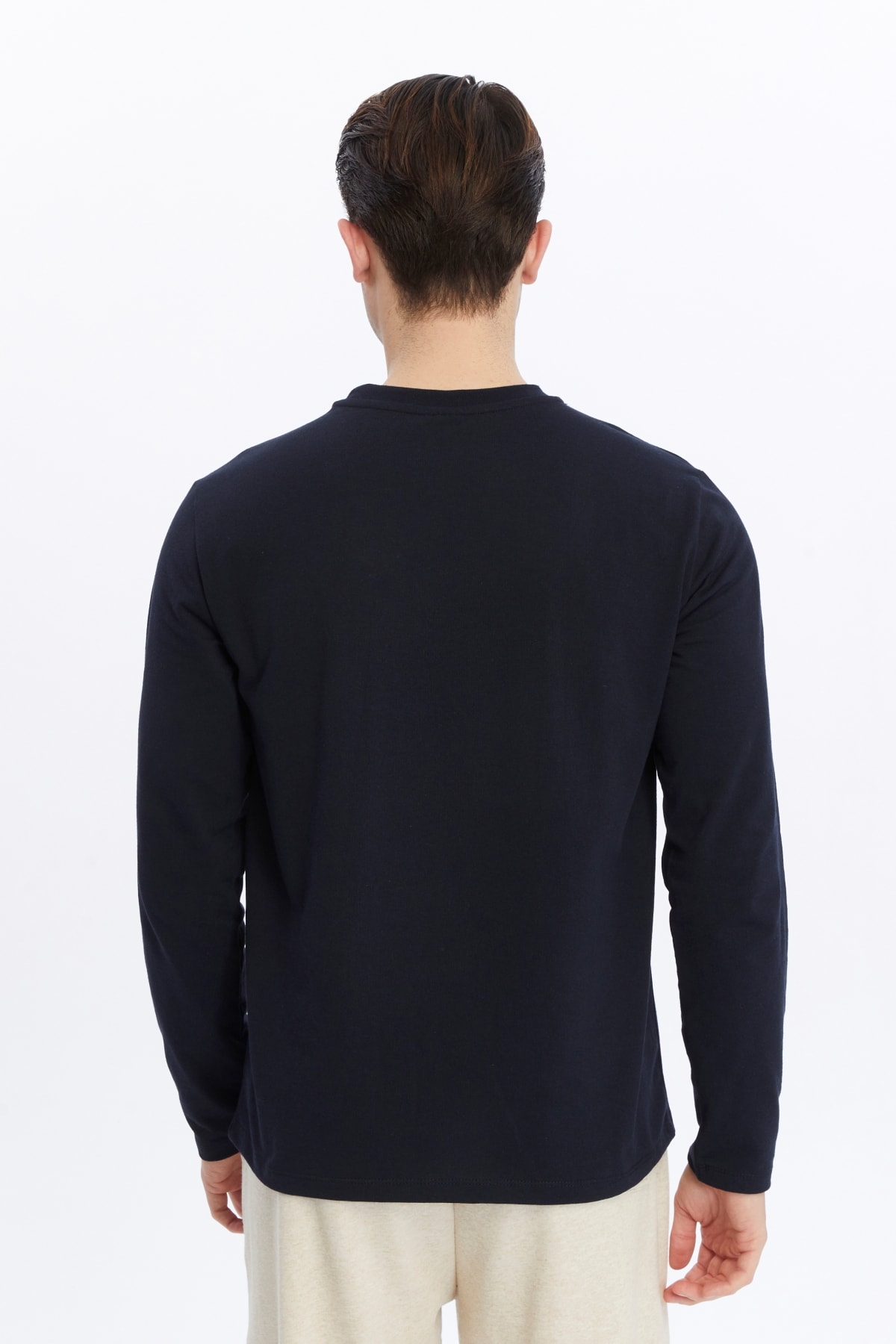 Erkek Bisiklet Yaka Uzun Kollu Regular Fit Basic Tişört - Lacivert