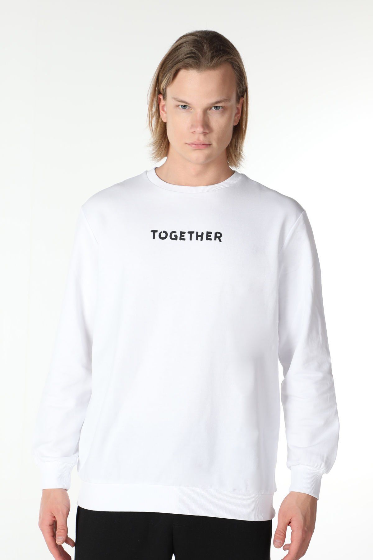 Erkek Bisiklet Yaka Regular Fit Baskılı Sweatshirt Beyaz - Beyaz