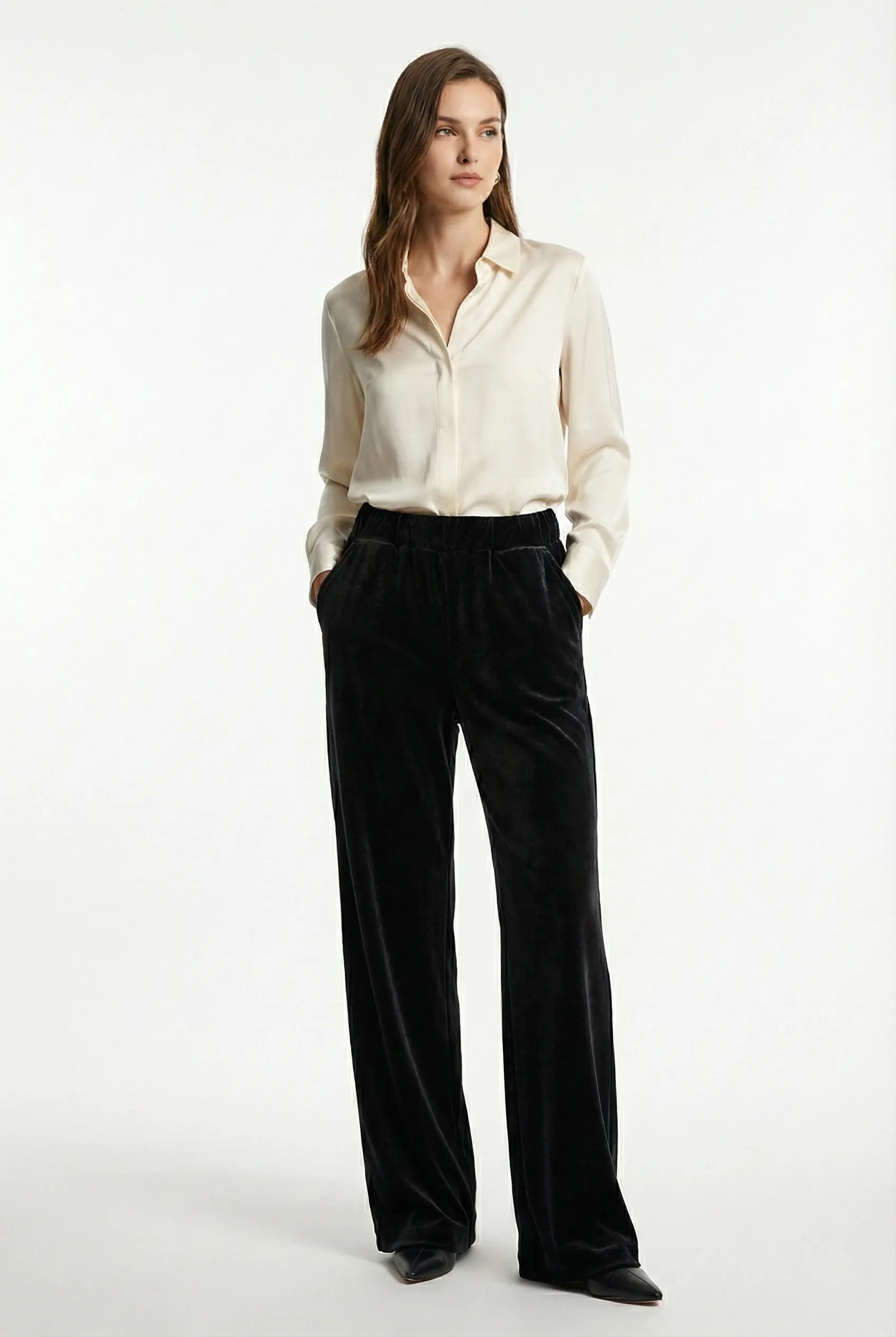 Kadın Bol Paça Cepli Kadife Oversize Fit Pantolon - Siyah