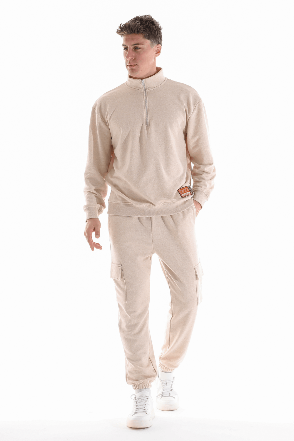 Erkek Dik Yaka Etiket Detaylı Regular Fit Sweatshirt - BEJ