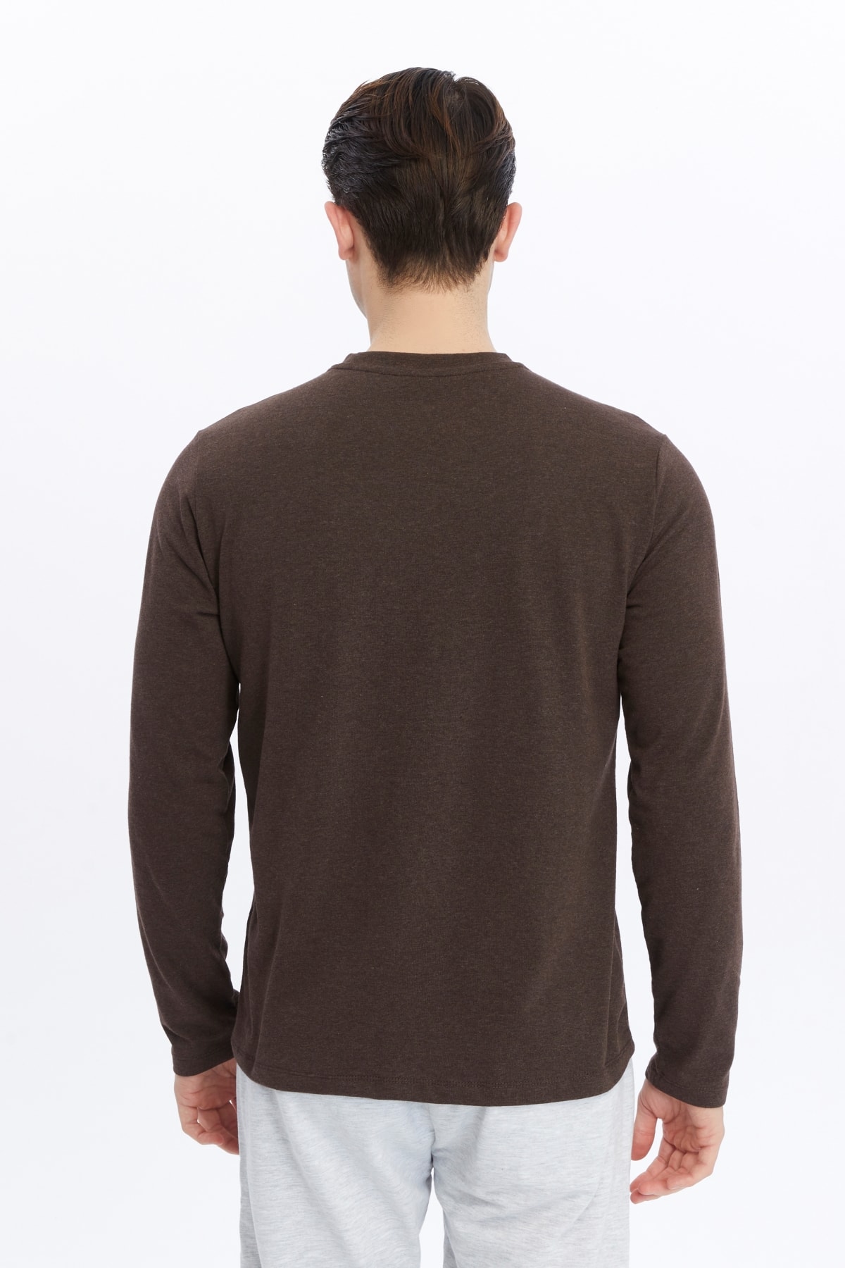 Erkek Bisiklet Yaka Uzun Kollu Regular Fit Basic Tişört - Kahve