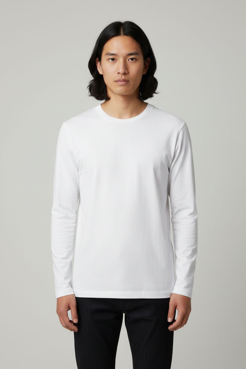 Erkek Bisiklet Yaka Uzun Kollu Regular Fit Basic Tişört - Beyaz