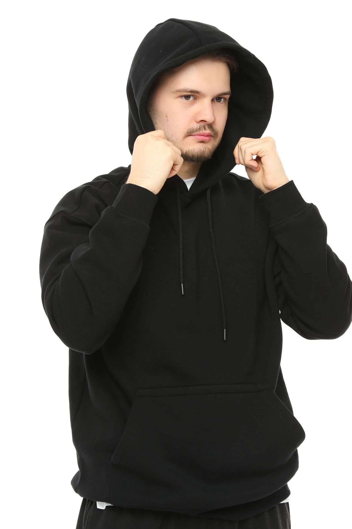 Erkek Kapüşonlu Şardonlu Oversize Basic Sweatshirt - Siyah