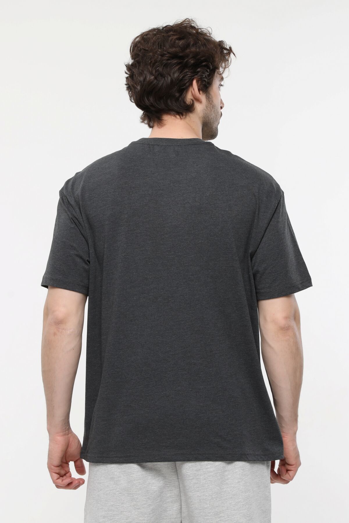 Erkek Bisiklet Yaka Kısa Kollu Oversize Fit Baskılı Tişört - Rent - Antrasit Melanj