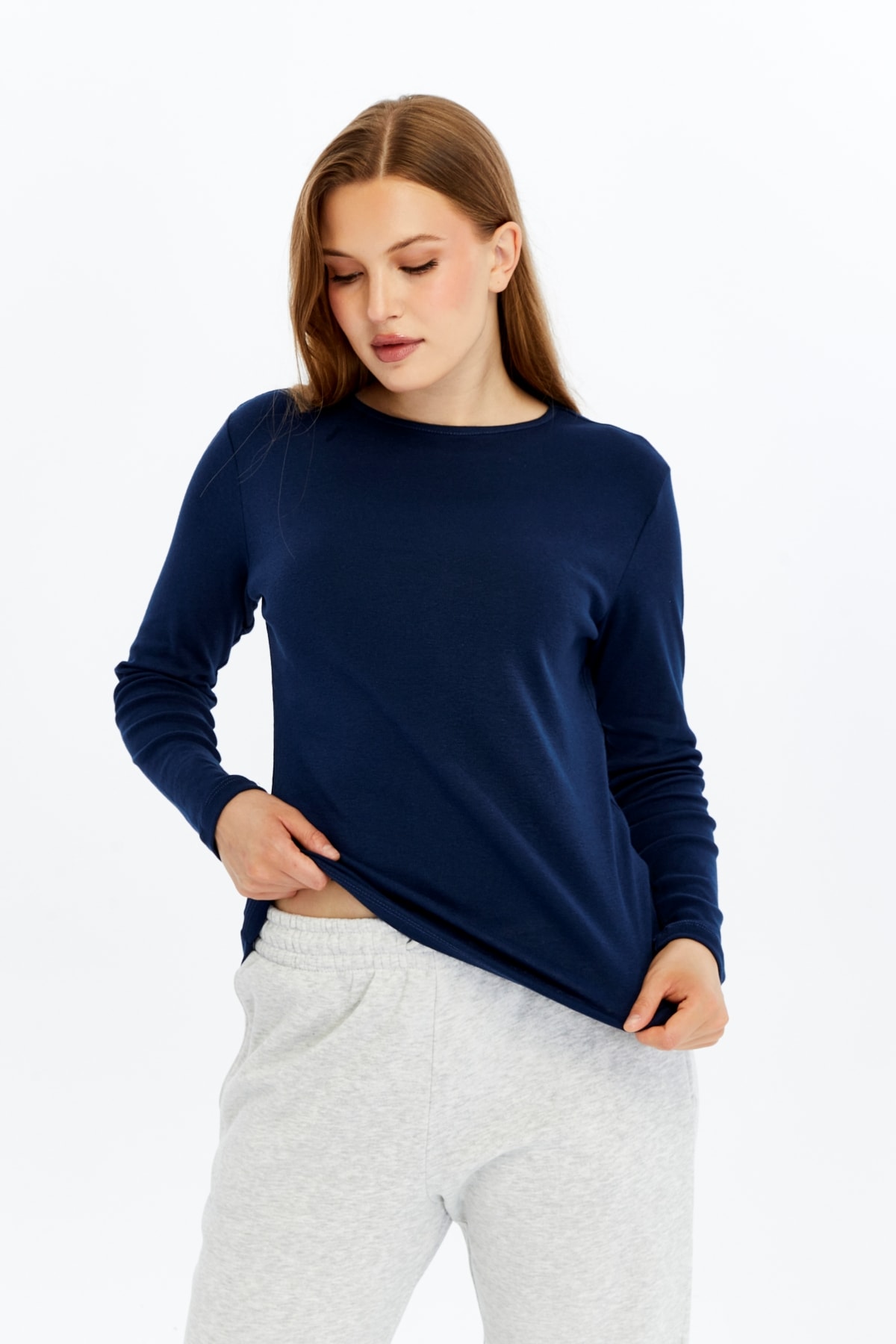 Kadın Bisiklet Yaka Uzun Kollu Regular Fit Basic Tişört - LACİVERT
