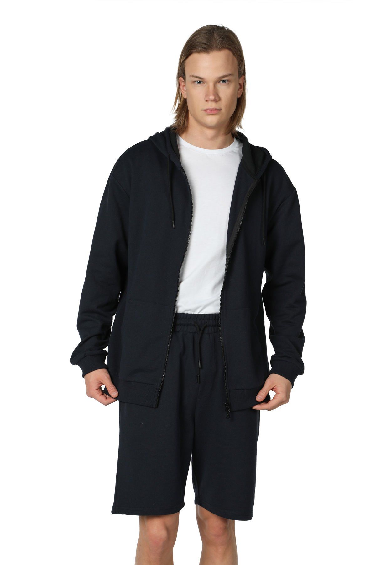 Erkek Kapüşonlu Fermuarlı Oversıze Sweatshırt - Lacivert