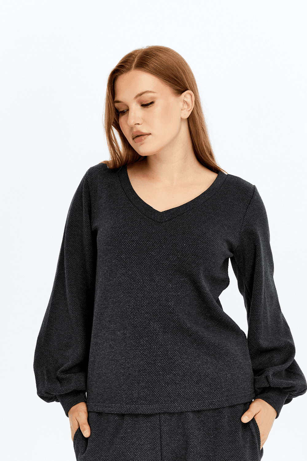 Kadın V Yaka Balon Kol Regular Fit Basic Bluz - Antrasit