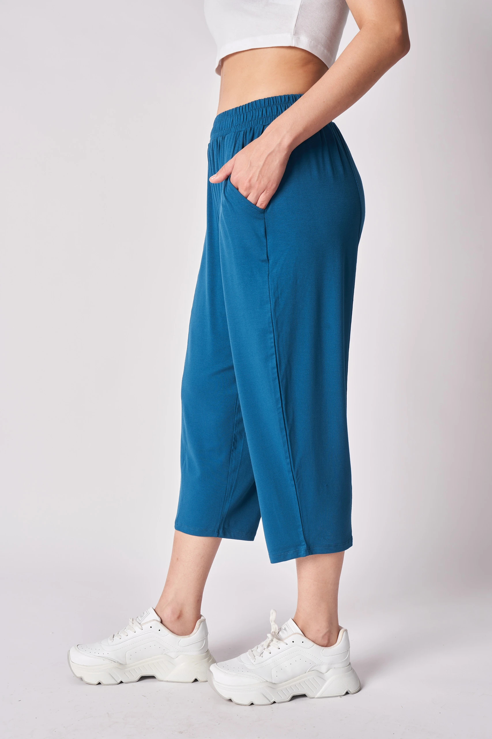 Kadın Beli Lastikli Regular Fit Dikiş Detaylı Şalvar Pantolon - Petrol