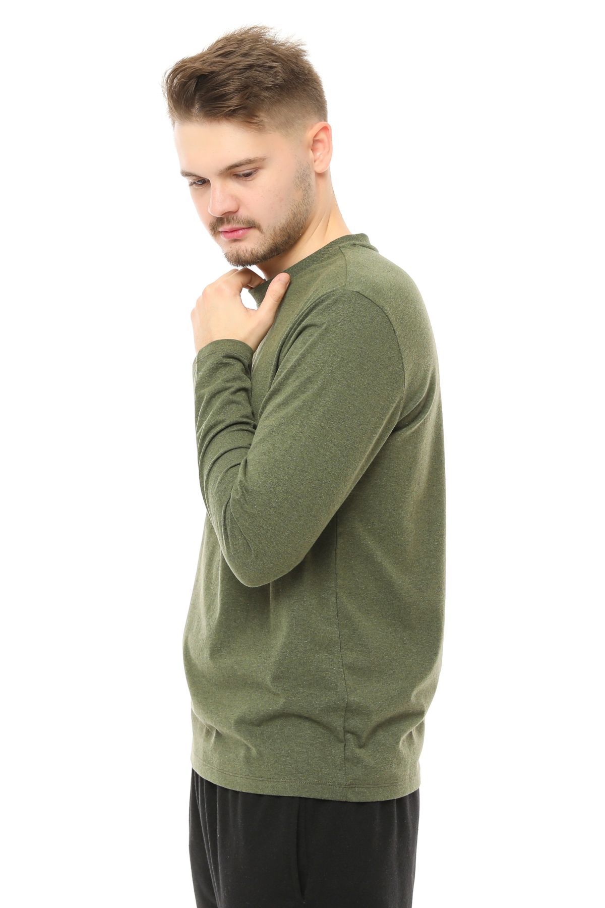 Erkek Bisiklet Yaka Uzun Kollu Regular Fit Basic Tişört - HAKİ