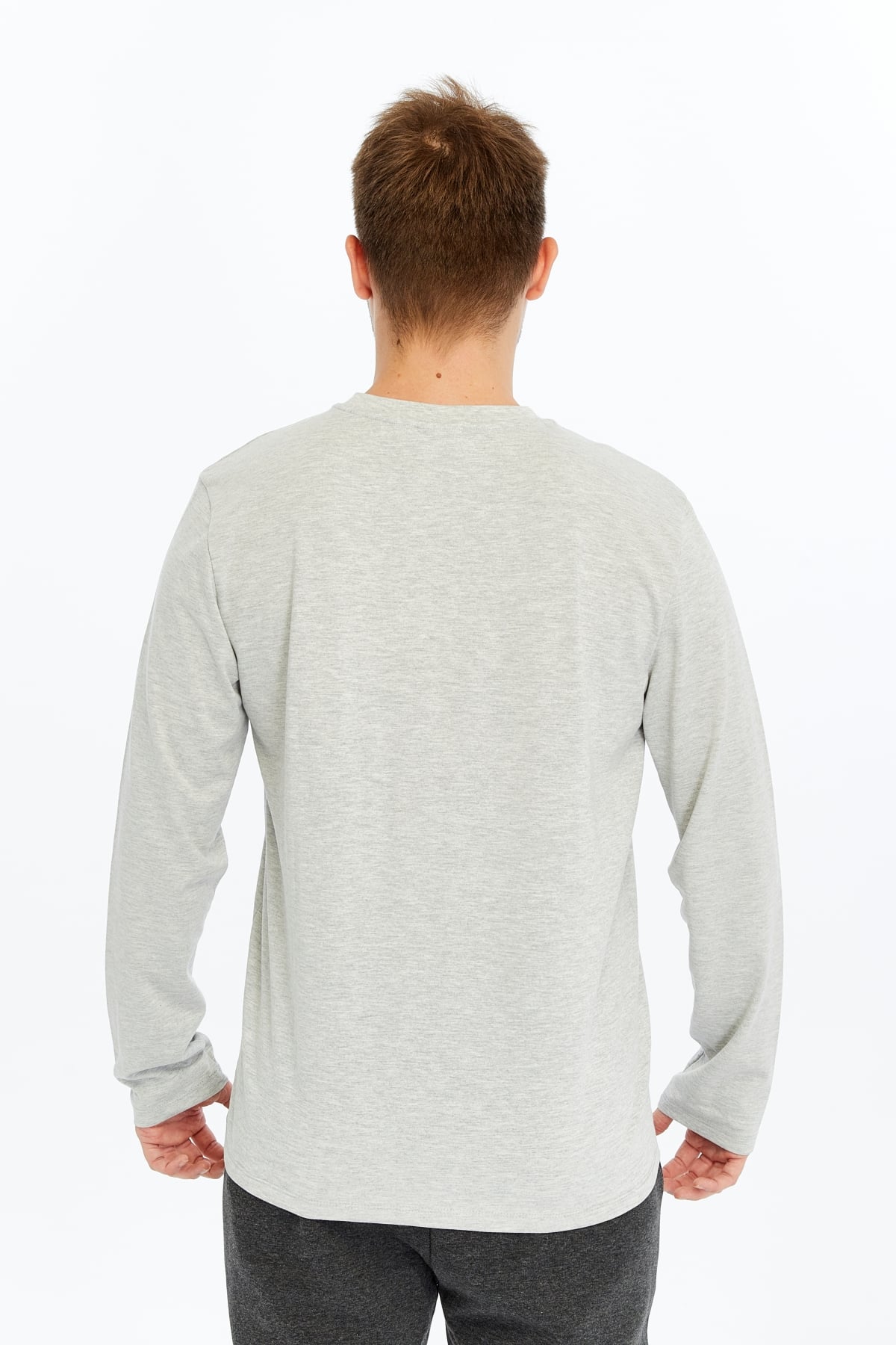 Erkek Bisiklet Yaka Uzun Kollu Regular Fit Basic Tişört - GRİ MELANJ