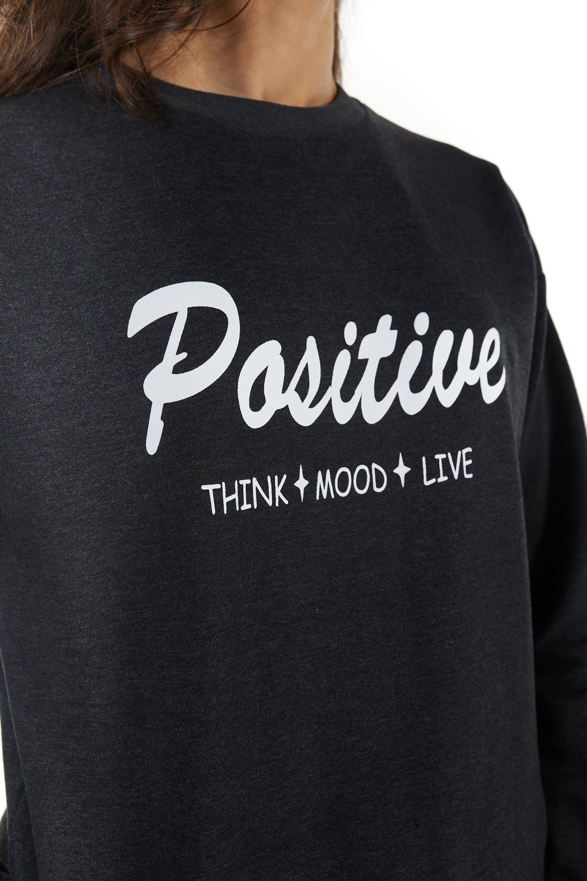 Kadın Bisiklet Yaka Regular Fit Baskılı Sweatshirt - Antrasit