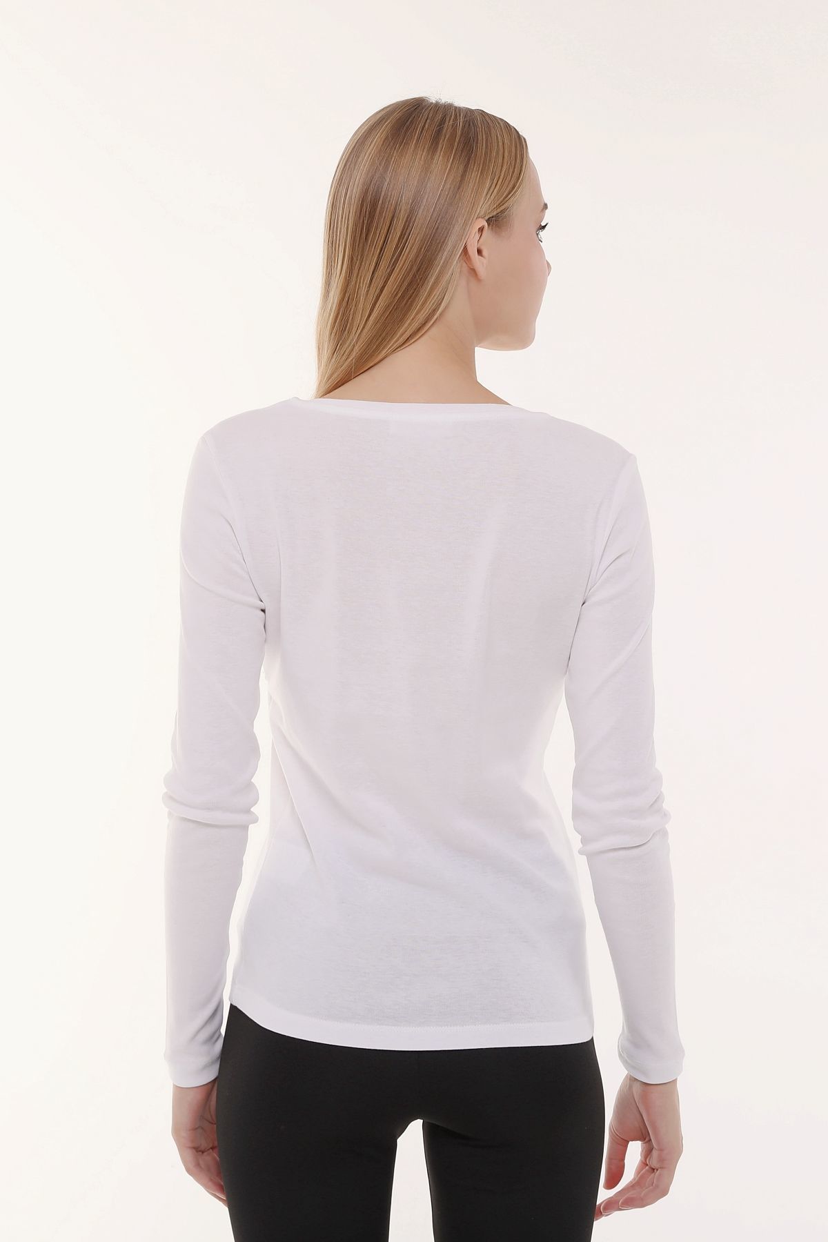 Kadın V Yaka Uzun Kollu Regular Fit Basic Tişört - Beyaz