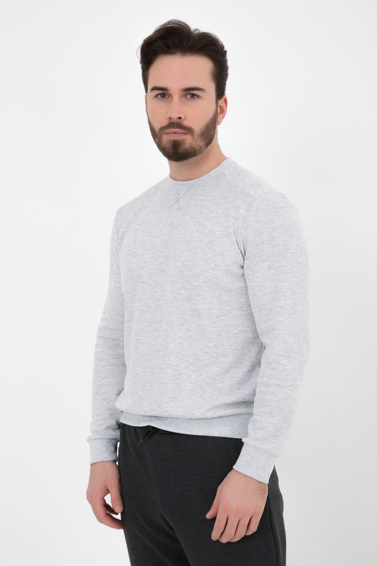 Erkek Bisiklet Yaka Dokulu Regular Fit Basic Sweatshirt - Kar Melanj