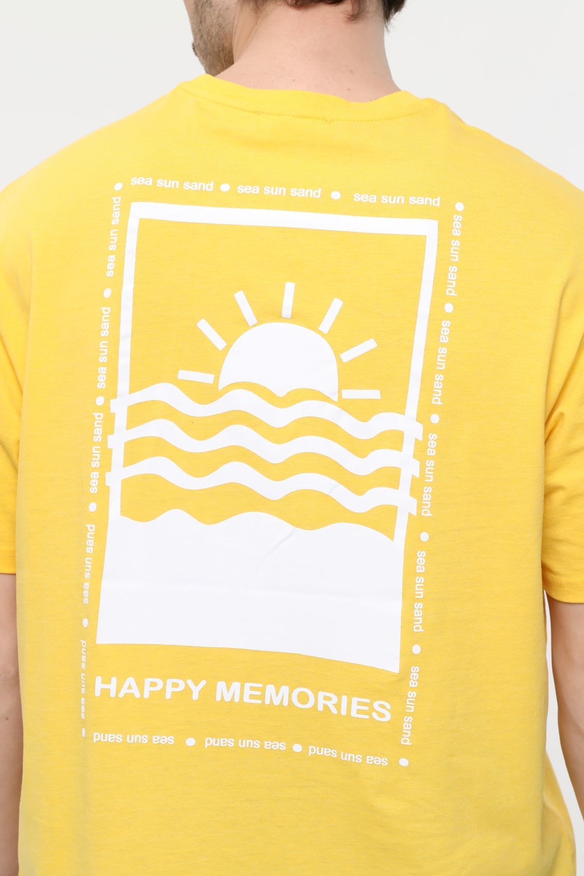 Erkek Bisiklet Yaka Kısa Kollu Oversize Fit Baskılı Tişört - Robin - Sarı