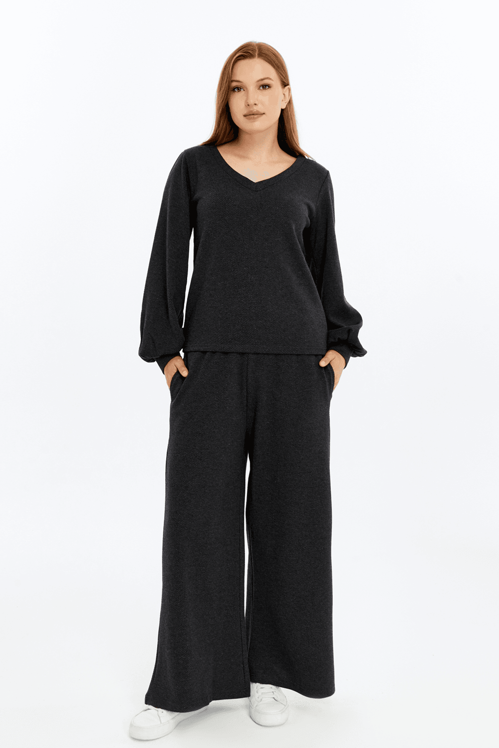 Kadın V Yaka Balon Kol Regular Fit Basic Bluz - Antrasit