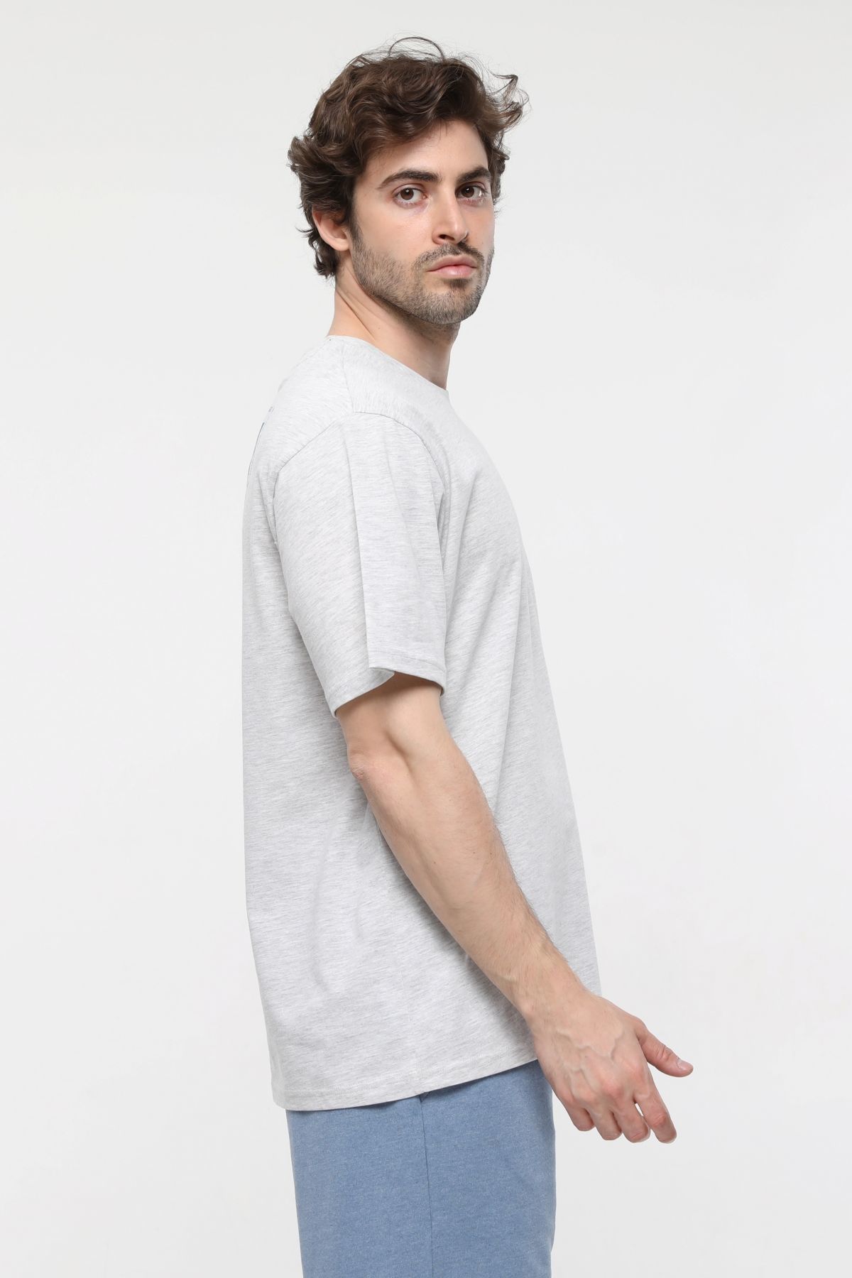 Erkek Bisiklet Yaka Kısa Kollu Oversize Fit Baskılı Tişört - Robin - Kar Melanj