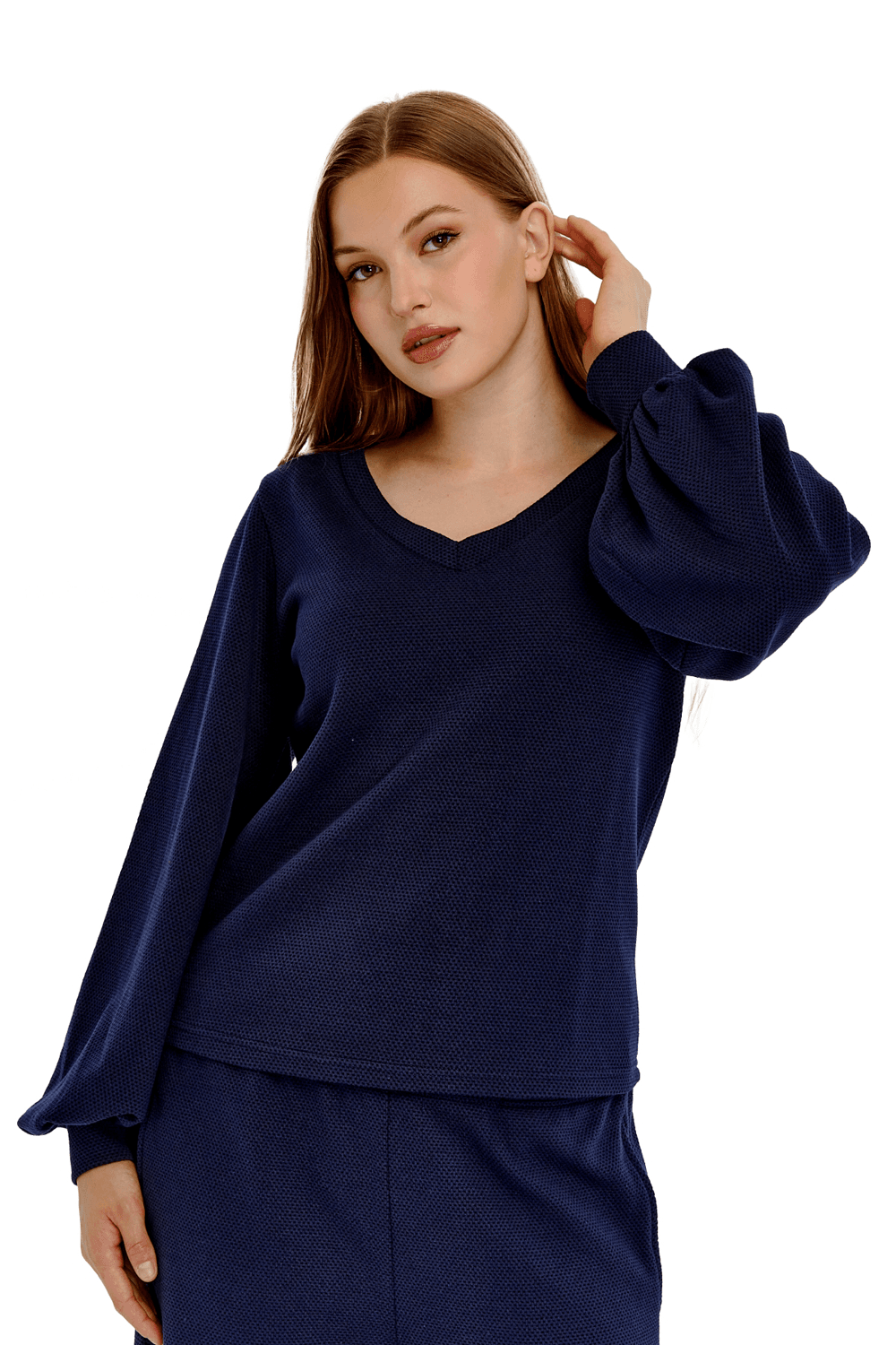Kadın V Yaka Balon Kol Regular Fit Basic Bluz - LACİVERT