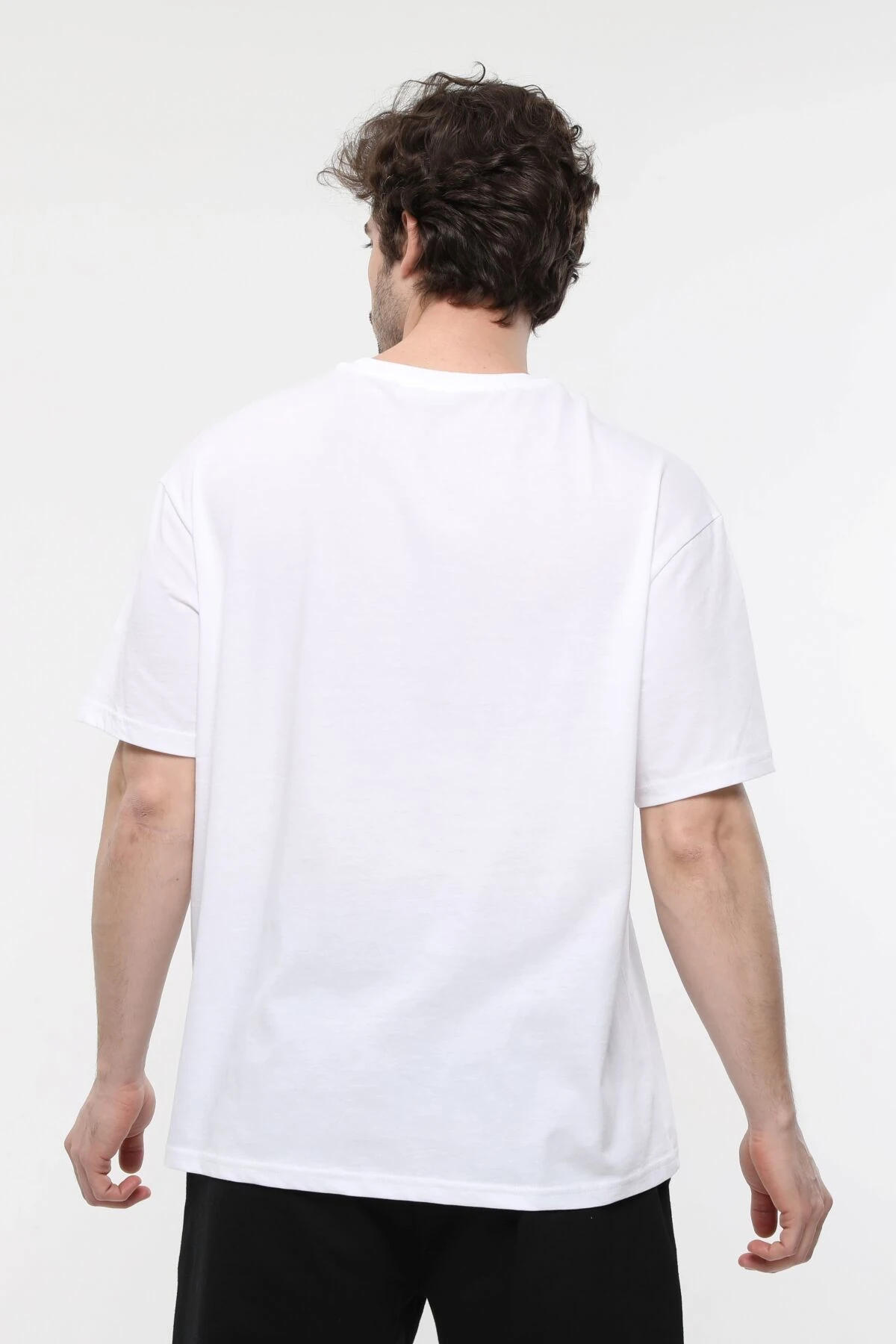 Erkek Bisiklet Yaka Kısa Kollu Oversize Fit Baskılı Tişört - Rent - Beyaz