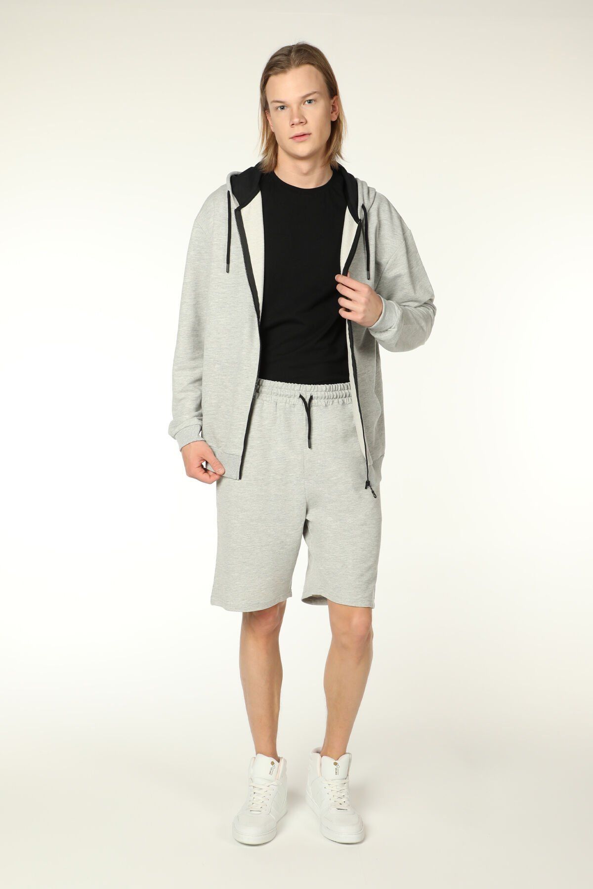 Erkek Kapüşonlu Fermuarlı Oversıze Sweatshırt - GRİ MELANJ