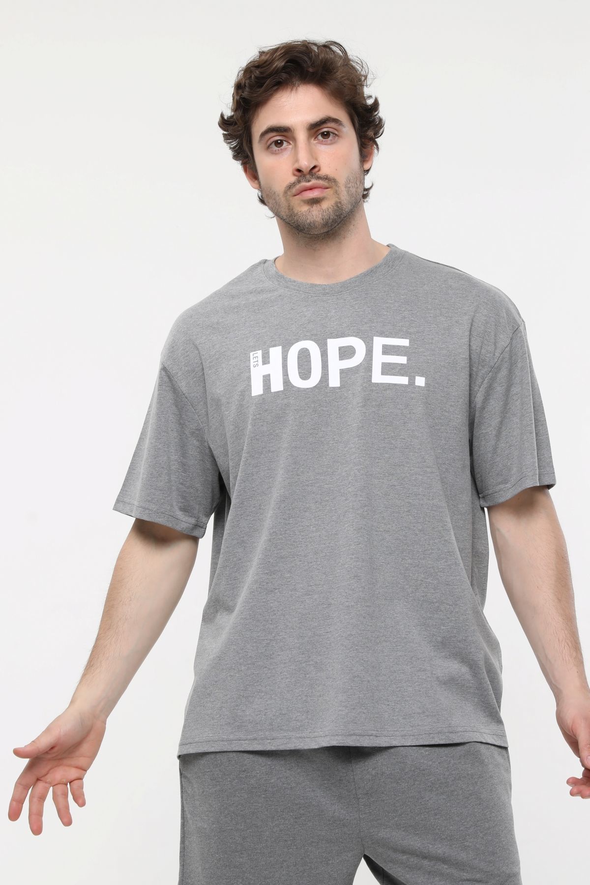 Erkek Bisiklet Yaka Kısa Kollu Oversize Fit Baskılı Tişört - Ragen - Antrasit Melanj