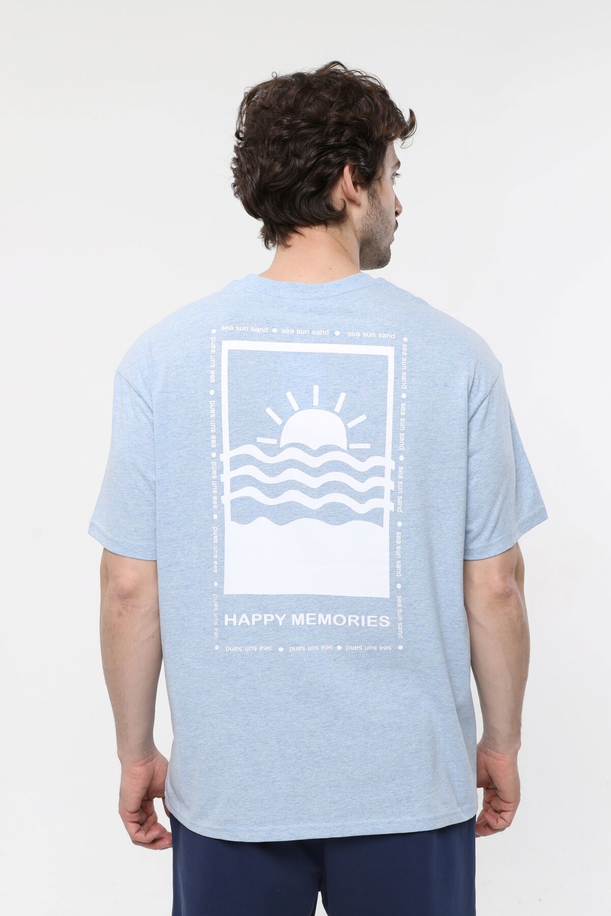 Erkek Bisiklet Yaka Kısa Kollu Oversize Fit Baskılı Tişört - Robin - Mavi Melanj