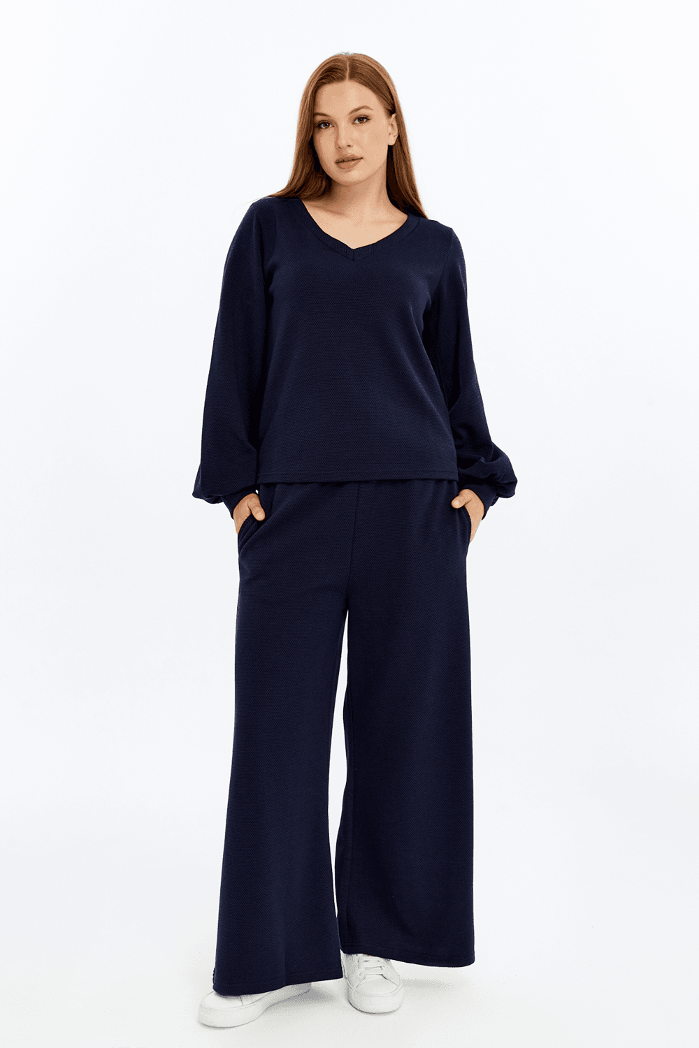 Kadın V Yaka Balon Kol Regular Fit Basic Bluz
