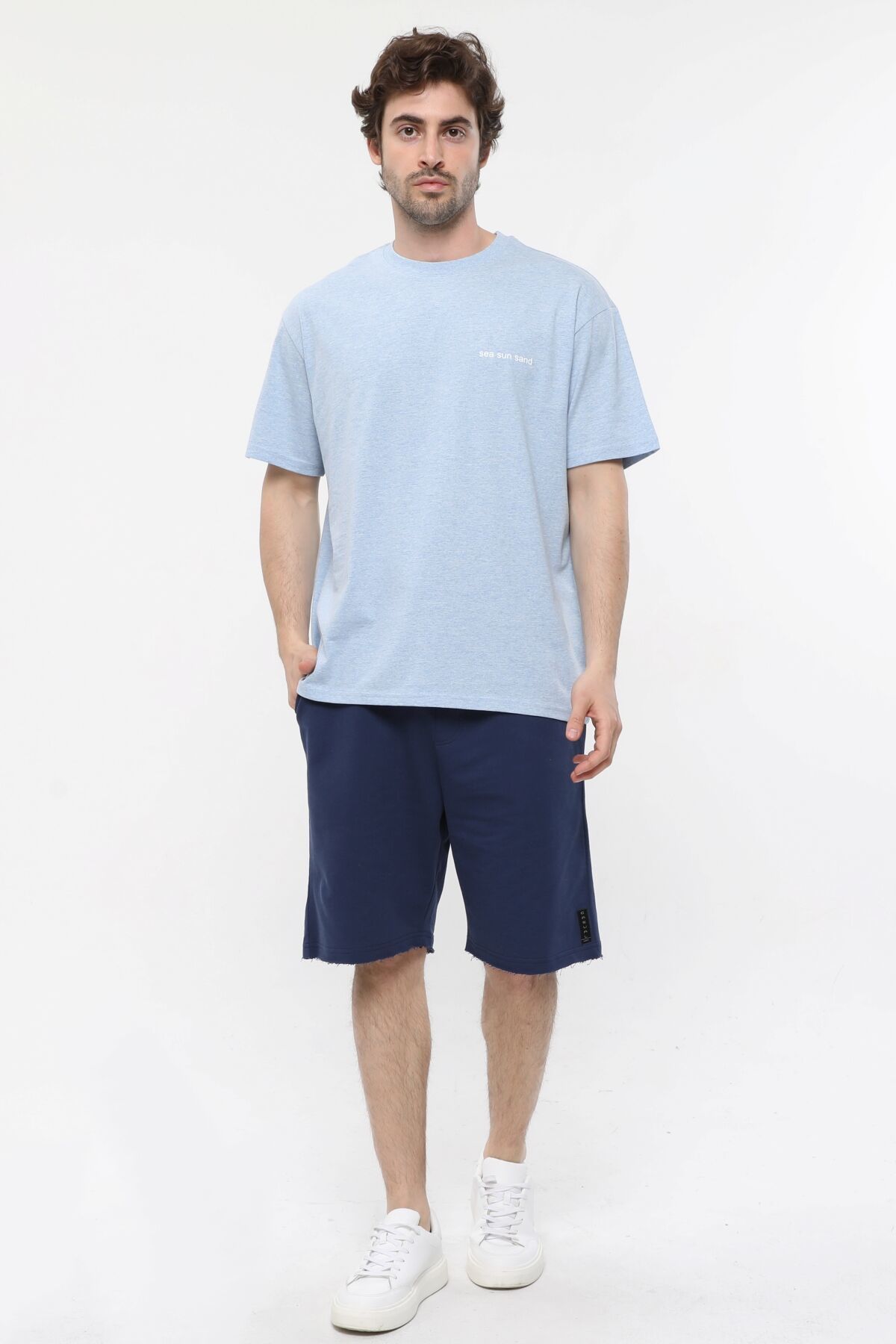 Erkek Bisiklet Yaka Kısa Kollu Oversize Fit Baskılı Tişört - Robin - Mavi Melanj