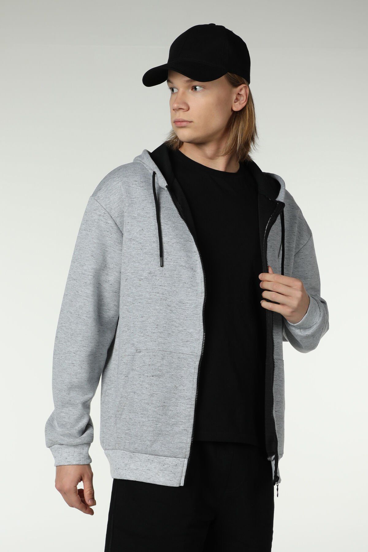 Erkek Kapüşonlu Fermuarlı Oversize Sweatshirt - Kırçıllı Gri