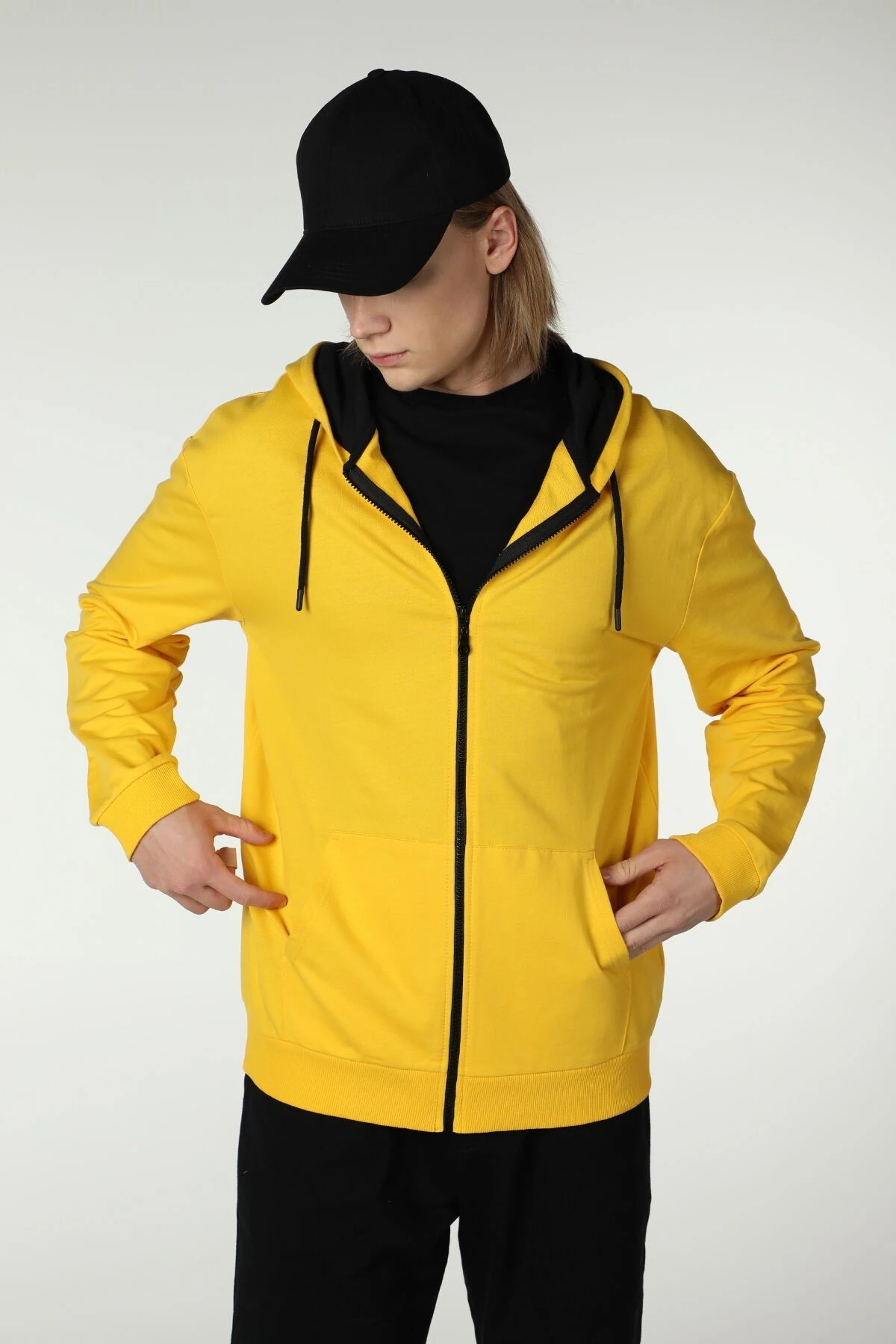 Erkek Kapüşonlu Fermuarlı Oversize Sweatshirt - Sarı