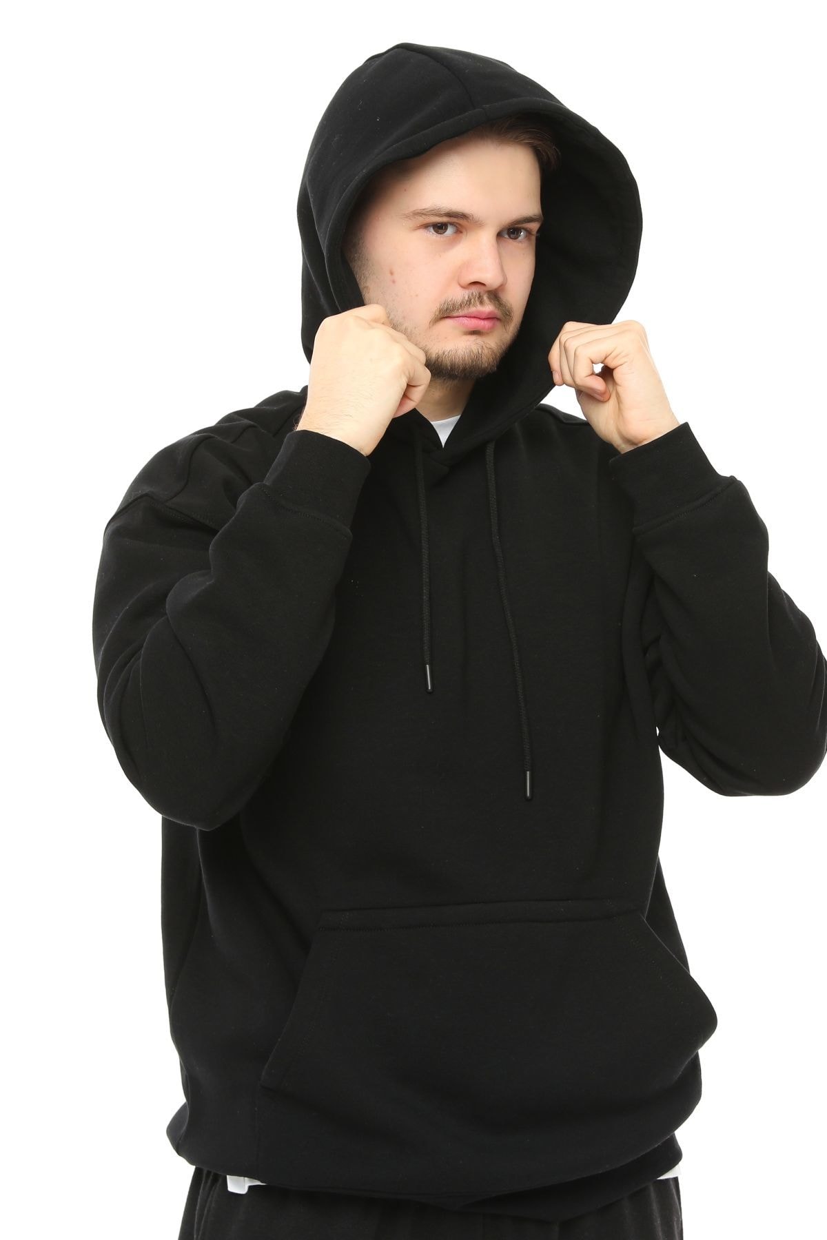 Erkek Kapüşonlu Şardonlu Oversize Basic Sweatshirt - SİYAH