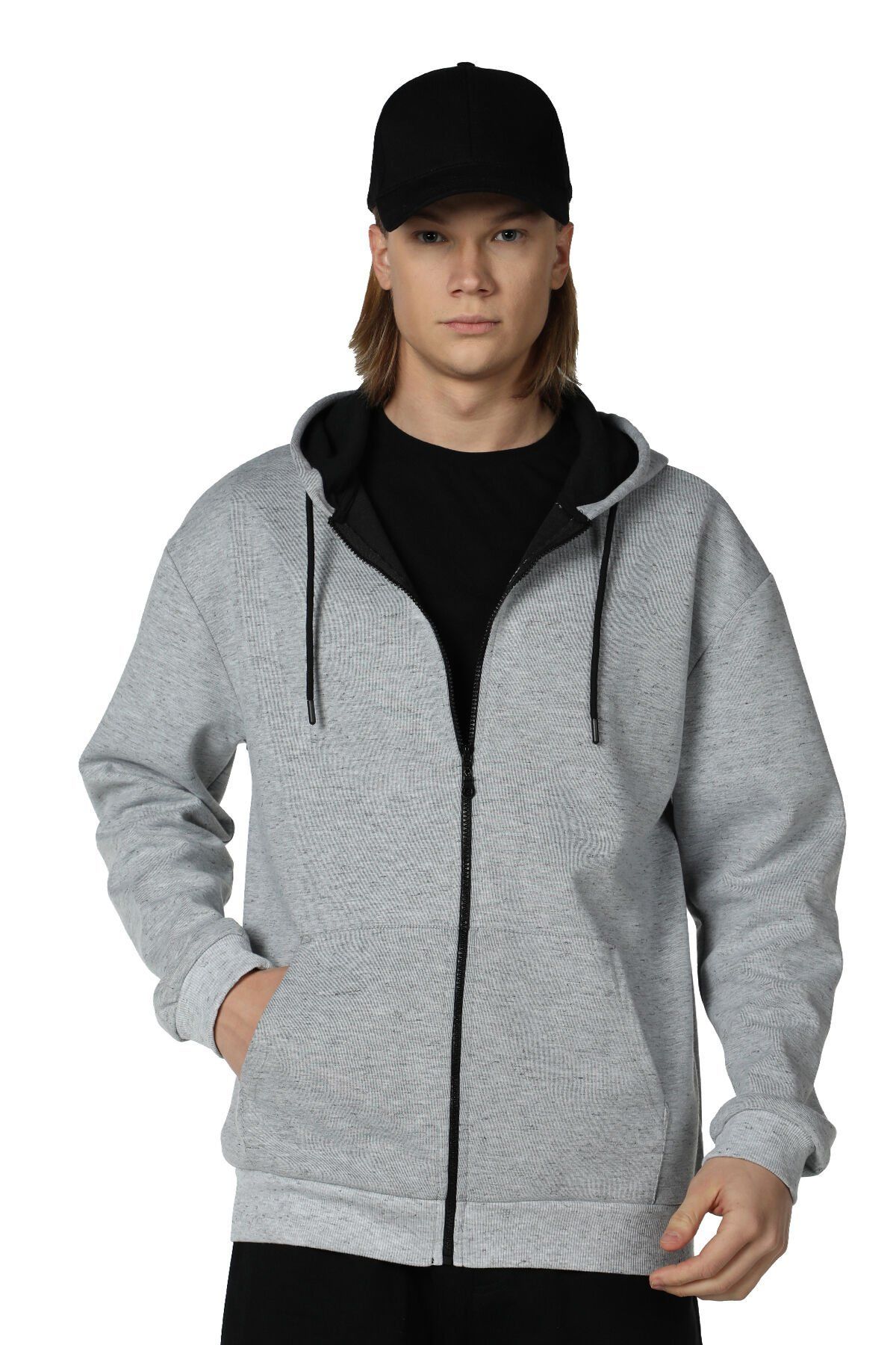 Erkek Kapüşonlu Fermuarlı Oversıze Sweatshırt - Kırçıllı Gri