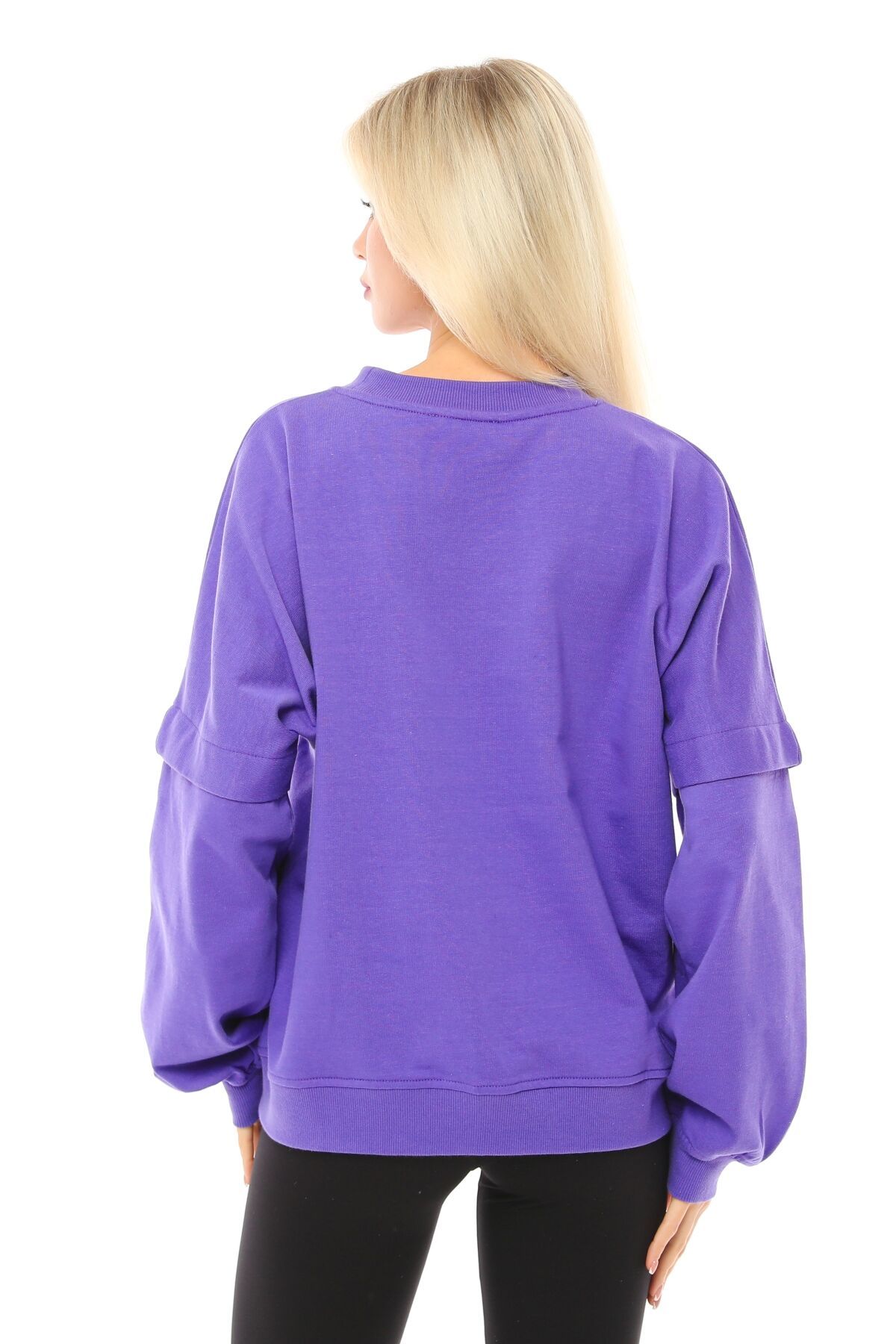 Kadın Bisiklet Yaka Kol Detaylı Oversize Fit Basic Sweatshirt - Mor