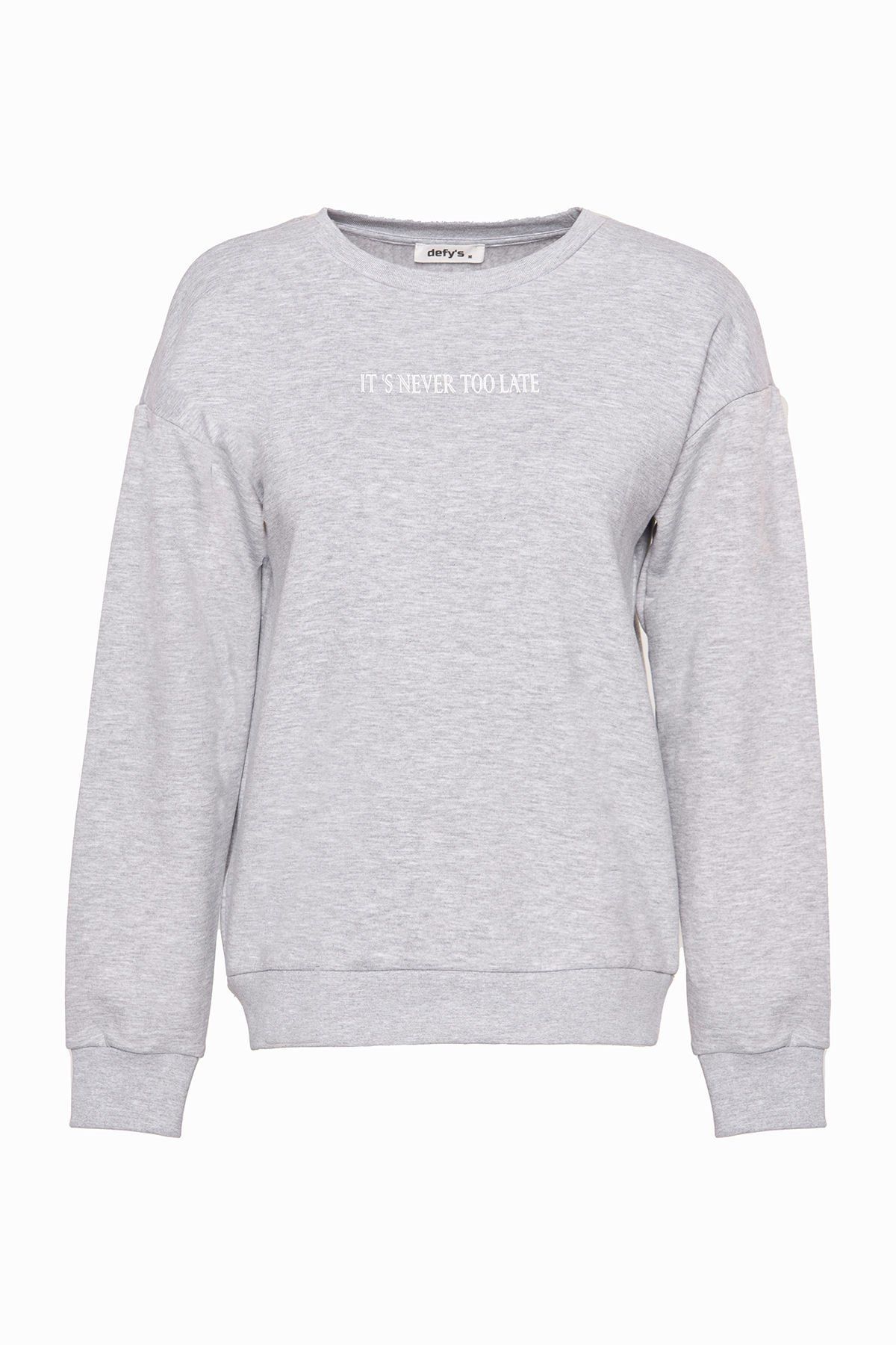 Kadın Bisiklet Yaka Regular Fit Baskılı Sweatshirt - Gri Melanj