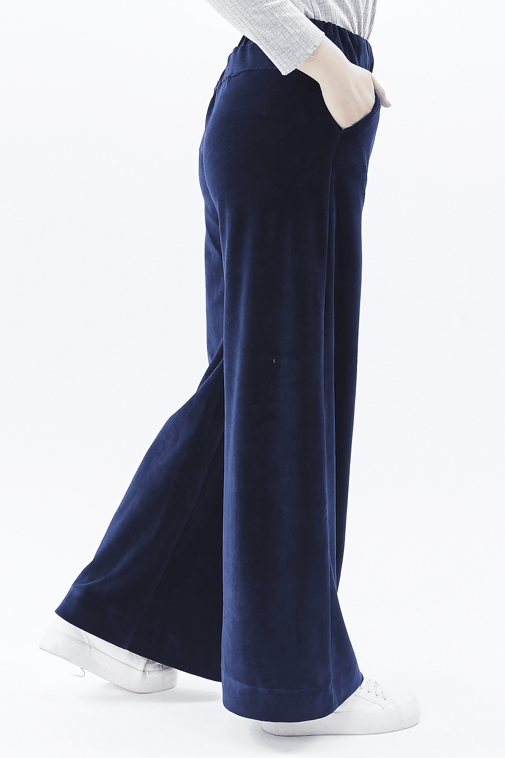 Kadın Bol Paça Cepli Kadife Oversize Fit Pantolon - LACİVERT