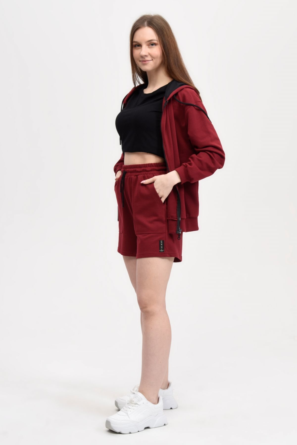 Kadın Kapüşonlu Fermuarlı Oversıze Sweatshırt - Bordo